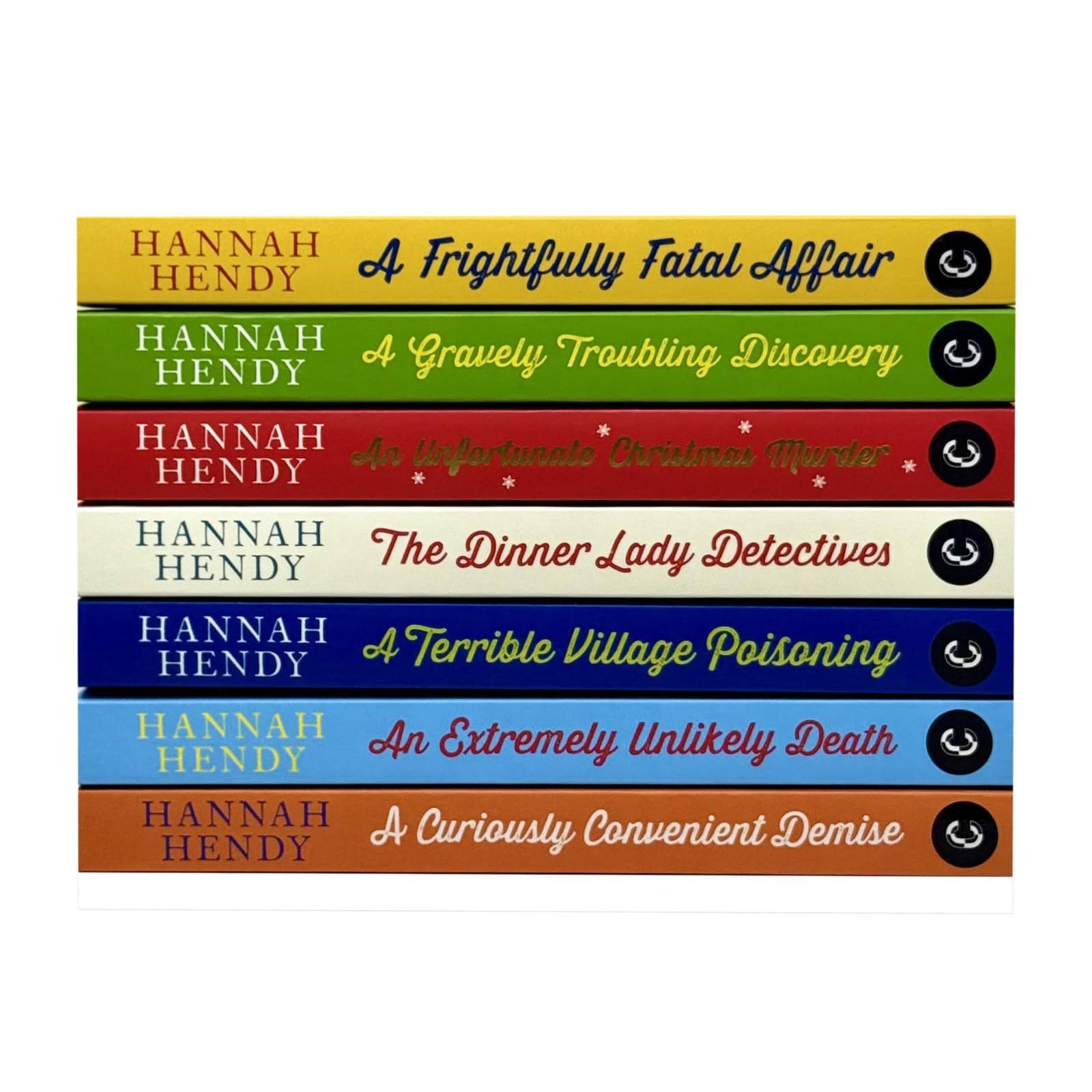 The Dinner Lady Detectives 7-book set back covers showing blurbs for all seven cosy crime paperbacks
