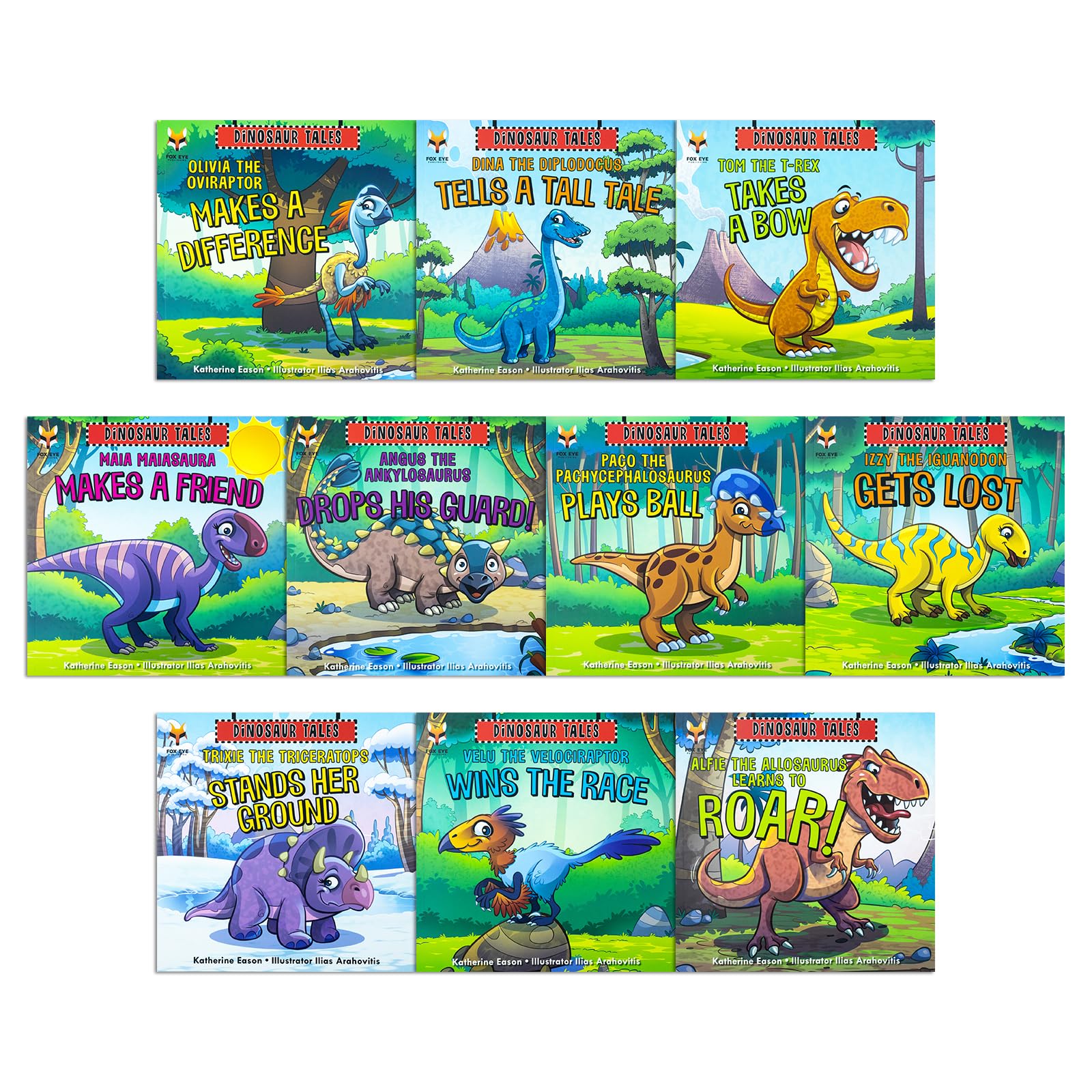 all ten Dinosaur Tales paperback picture books fanned out showing individual dinosaur covers