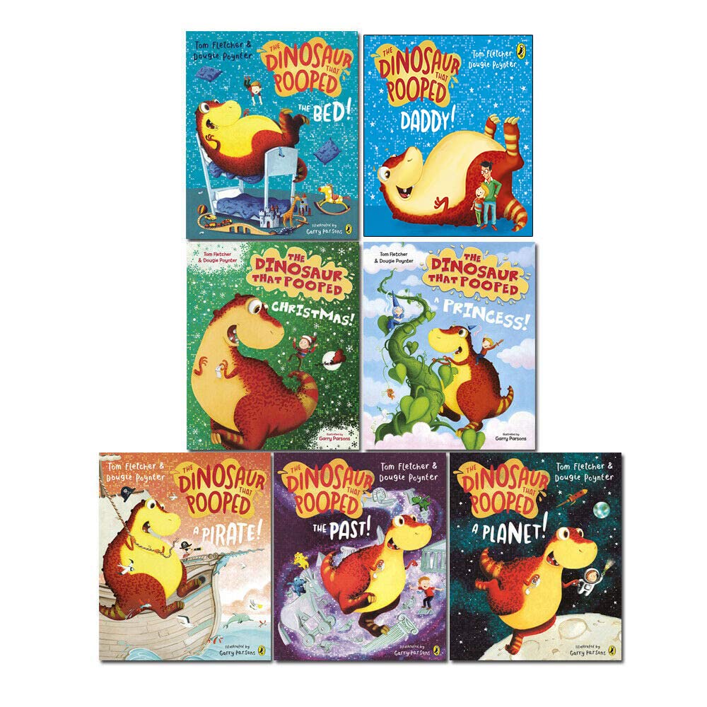 The Dinosaur That Pooped 7 Books Collection Set by Tom Fletcher and Dougie Poynter, paperback front covers