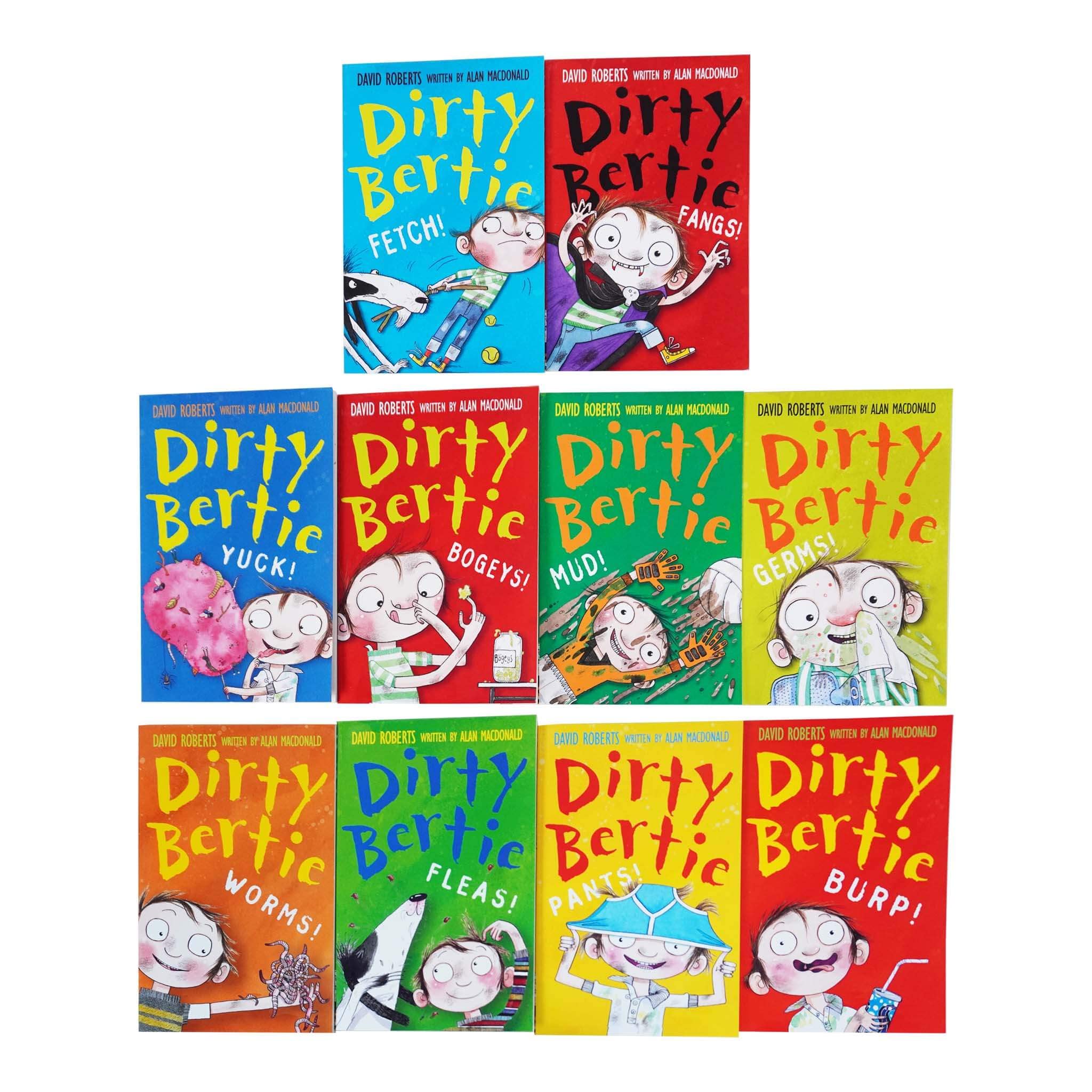 Back cover of Dirty Bertie Series 1 paperback set showing all ten titles: Fangs, Fetch, Germs, Mud, Bogeys, Yuck, Burp, Pants, Fleas, Worms