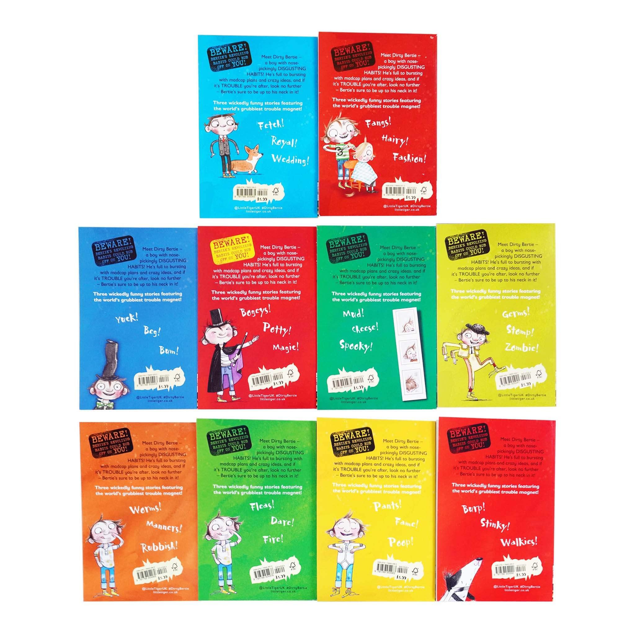 All ten Dirty Bertie Series 1 paperback books fanned out showing individual cover illustrations