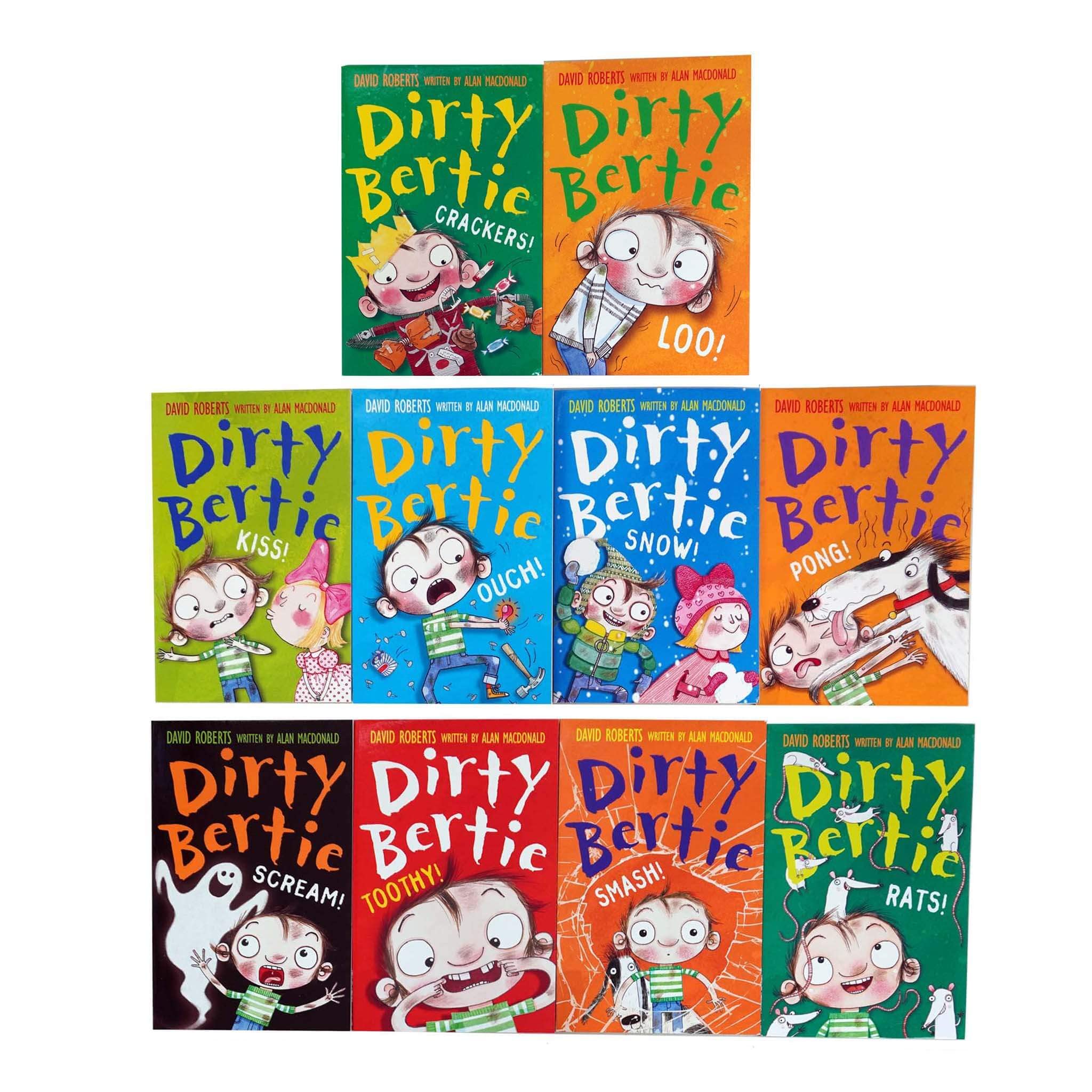 All eight Dirty Bertie paperback books fanned out, displaying the colorful covers of Loo, Pong, Crackers, Toothy and the rest of the Series 2 set.