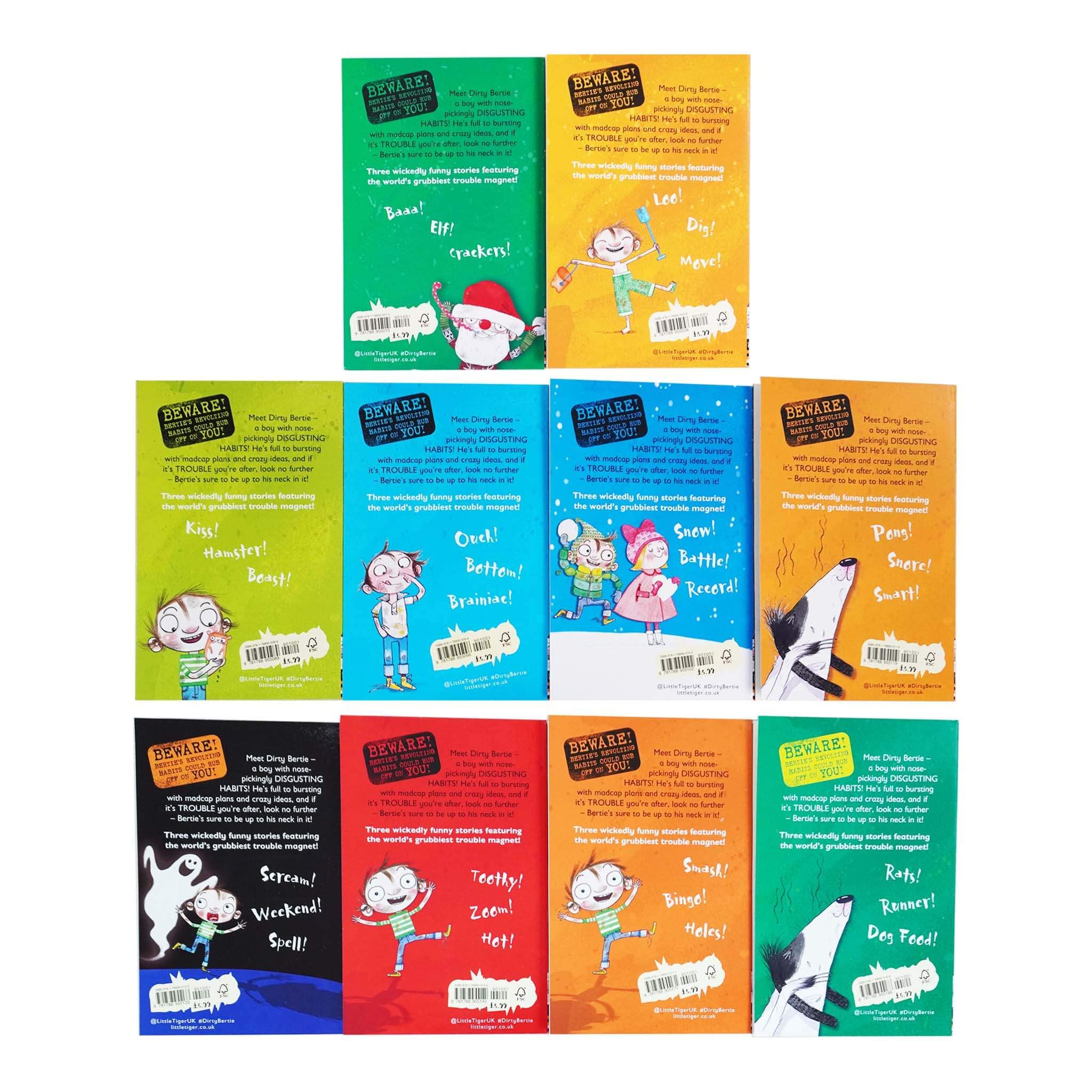 Close-up of the Dirty Bertie 8-book set spines and covers, highlighting David Roberts' illustrations for young readers ages 6-8.