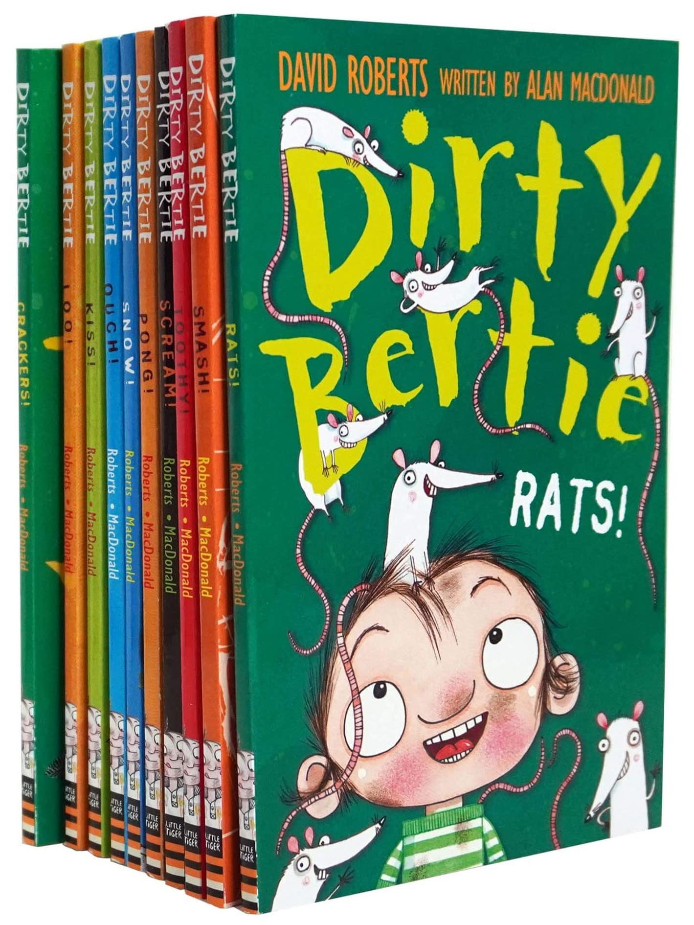 Front cover view of the Dirty Bertie 8-book paperback collection set by Alan MacDonald for ages 6-8, showing Ouch, Scream, Kiss, Snow and more titles.