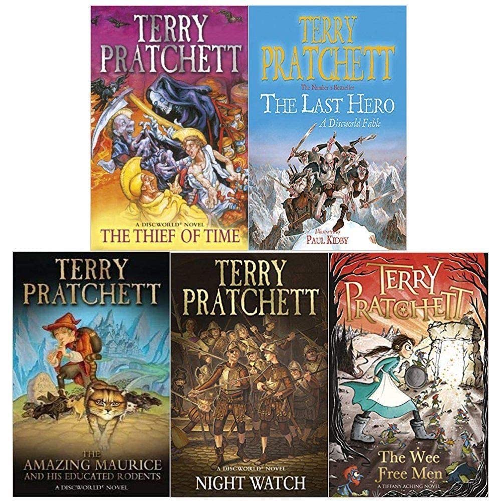 Front cover view of the Discworld 5 Books Collection Set by Terry Pratchett, paperback fantasy fiction editions.