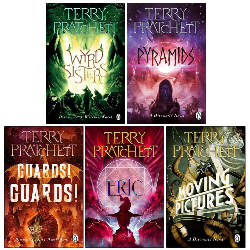 Discworld 8 book collection set by Terry Pratchett arranged to show back covers and full set spread.