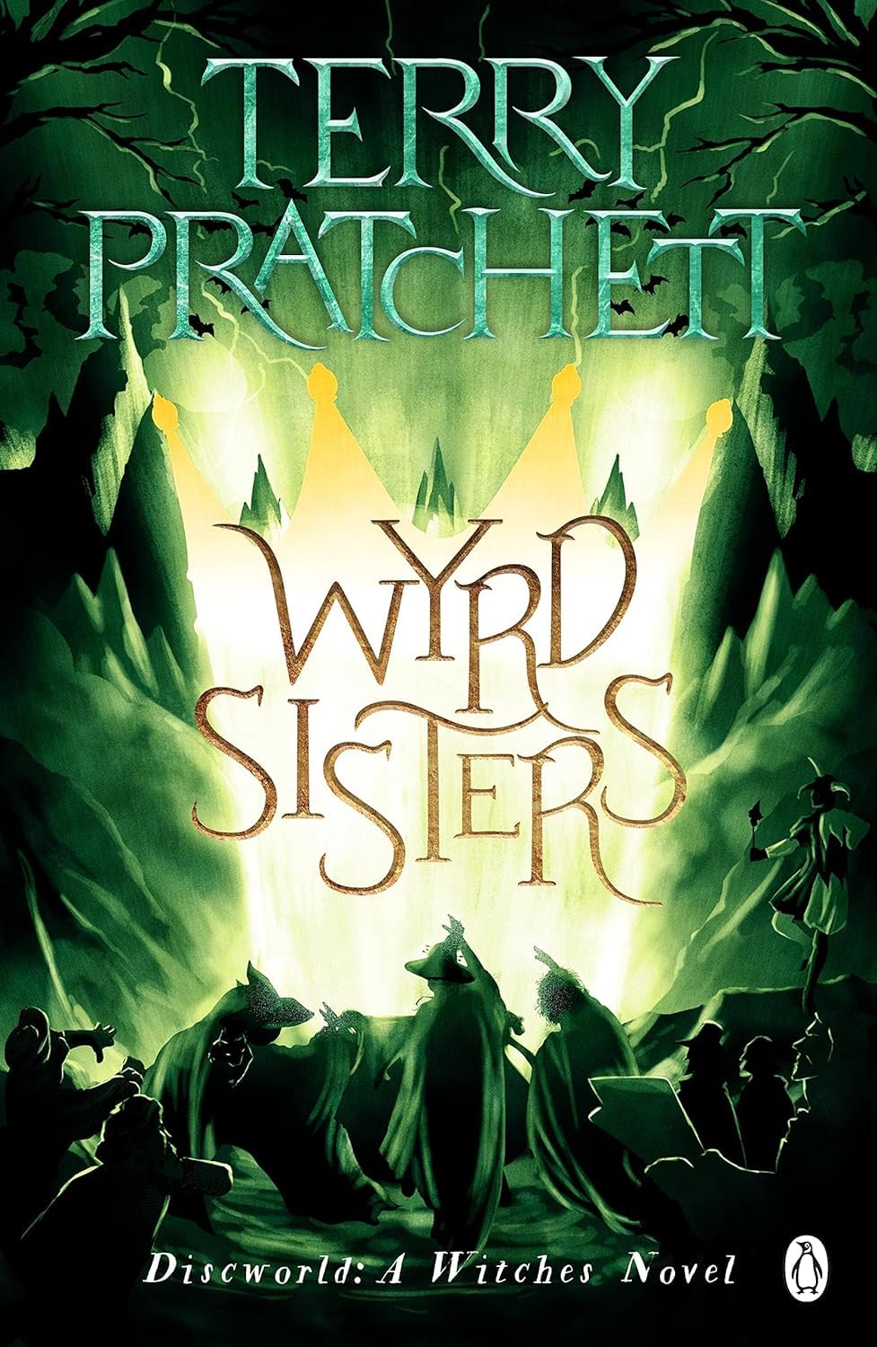 Close-up front cover of Wyrd Sisters, Discworld novel 6, paperback edition by Terry Pratchett