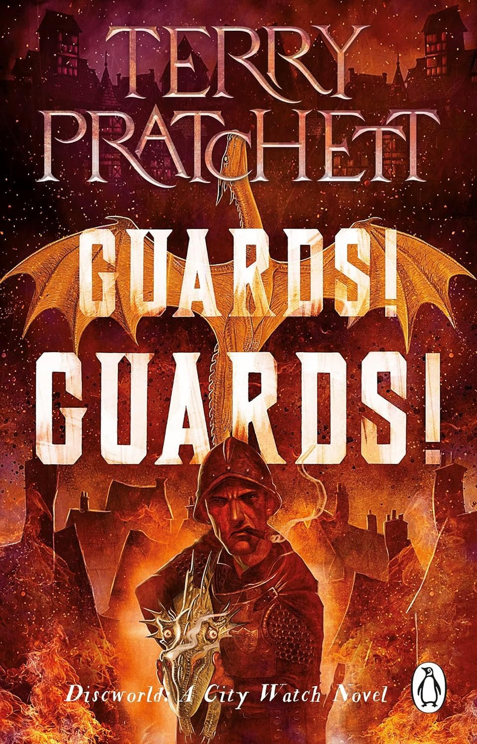 Close-up front cover of Guards! Guards!, Discworld novel 8, paperback edition by Terry Pratchett