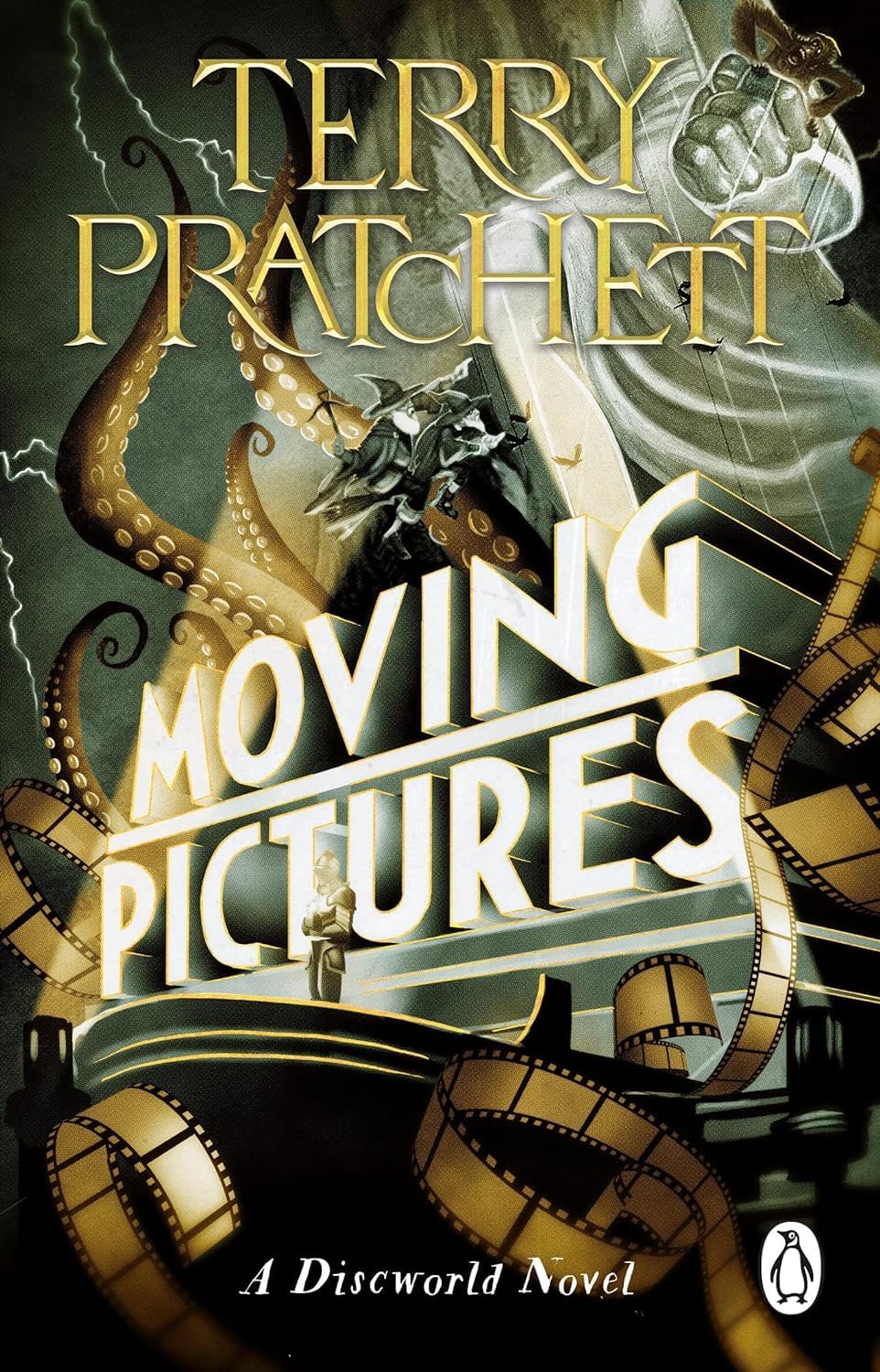 Close-up front cover of Moving Pictures, Discworld novel 10, paperback edition by Terry Pratchett