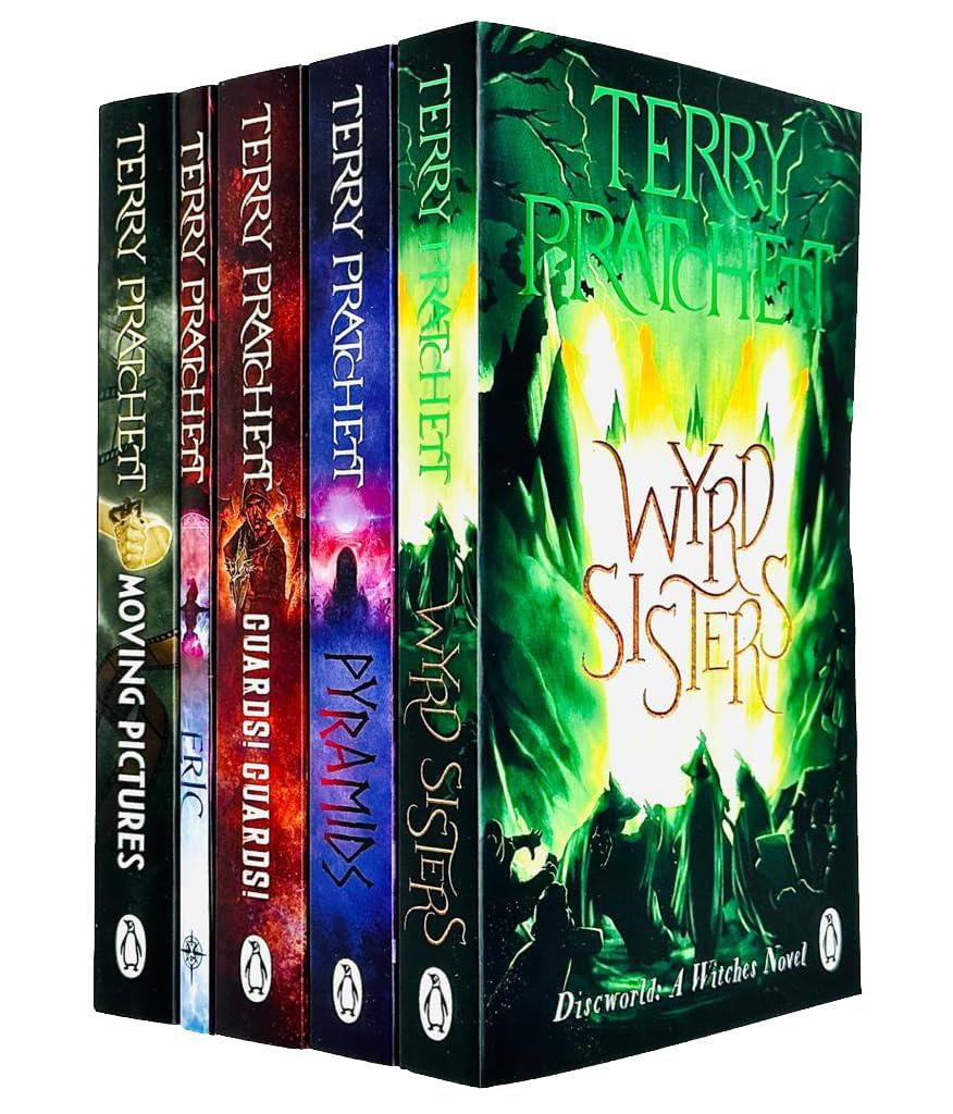 Discworld 5-book paperback collection set by Terry Pratchett, front covers of Wyrd Sisters, Pyramids, Guards! Guards!, Eric, and Moving Pictures fanned out