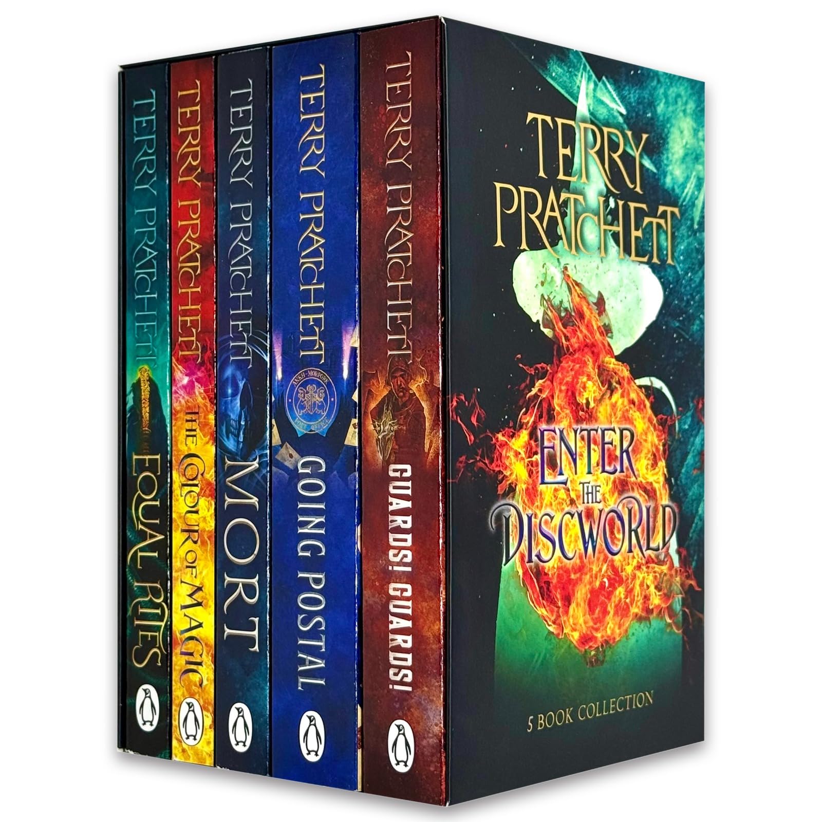 Discworld Novels 5 Books Collection Set by Terry Pratchett - front cover of paperback box set showing The Colour of Magic, Equal Rites, Mort, Guards! Guards! and Going Postal