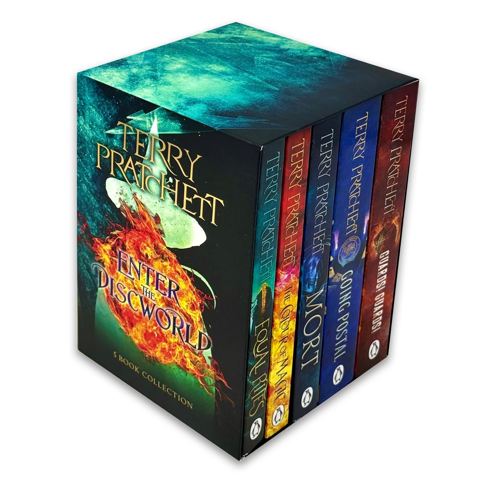 Full set of five Discworld paperback novels by Terry Pratchett fanned out showing all book covers and spines