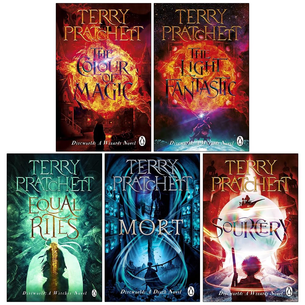 All five Discworld paperback novels fanned out showing The Colour of Magic, The Light Fantastic, Equal Rites, Mort, and Sourcery covers