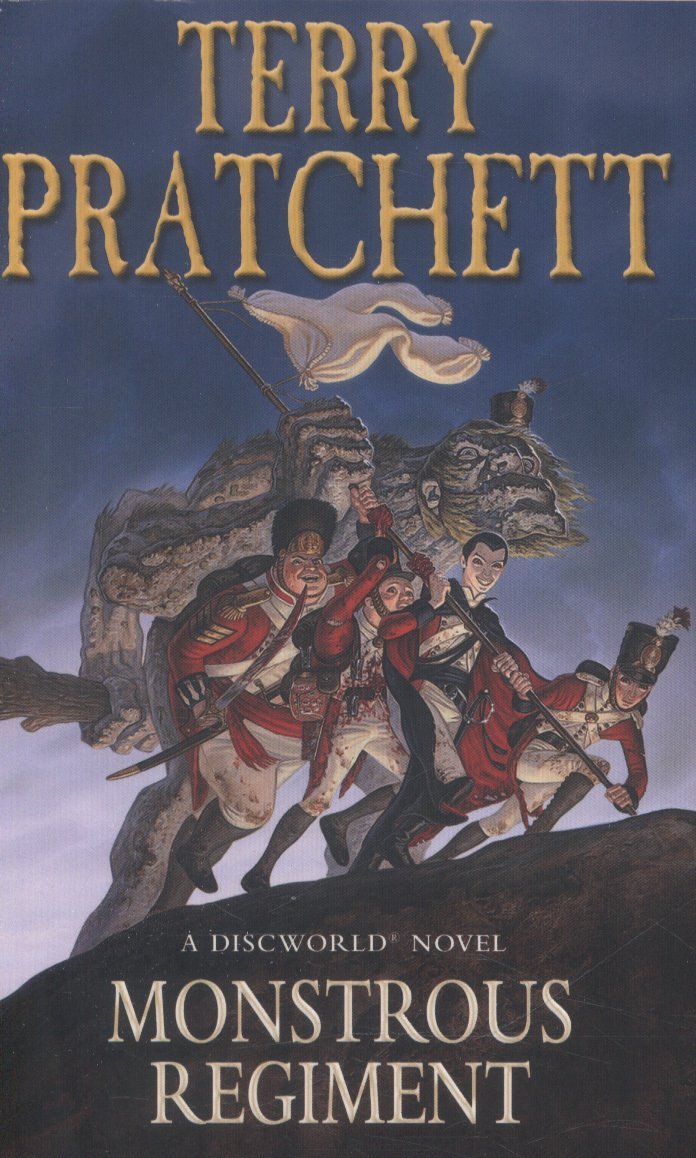 All five Discworld paperback novels by Terry Pratchett stacked together on a table, showing spines and colorful cover artwork