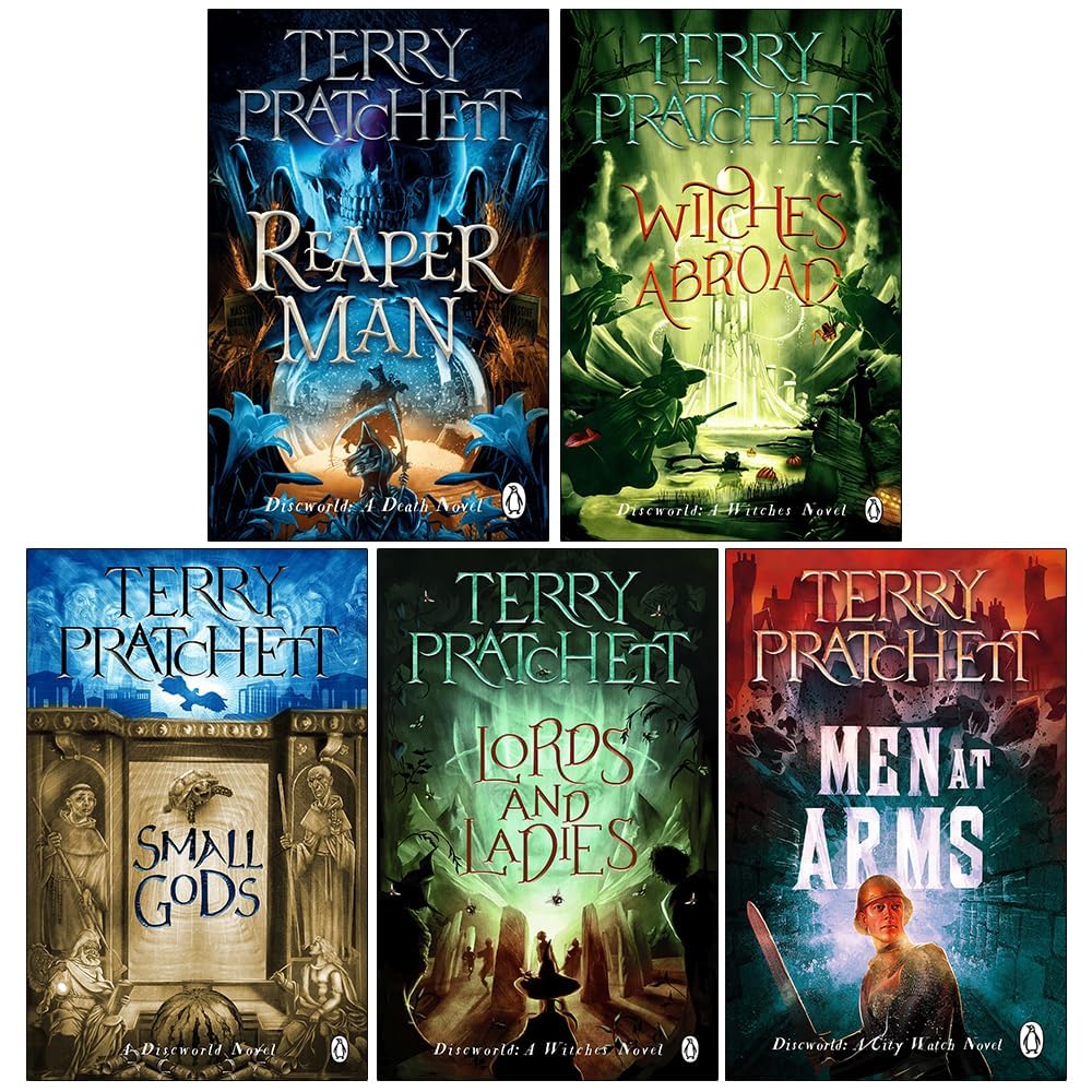 Reaper Man and Witches Abroad paperback covers from the Terry Pratchett Discworld set