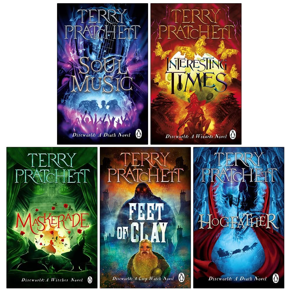 Full set of five Discworld paperback novels fanned out showing all covers