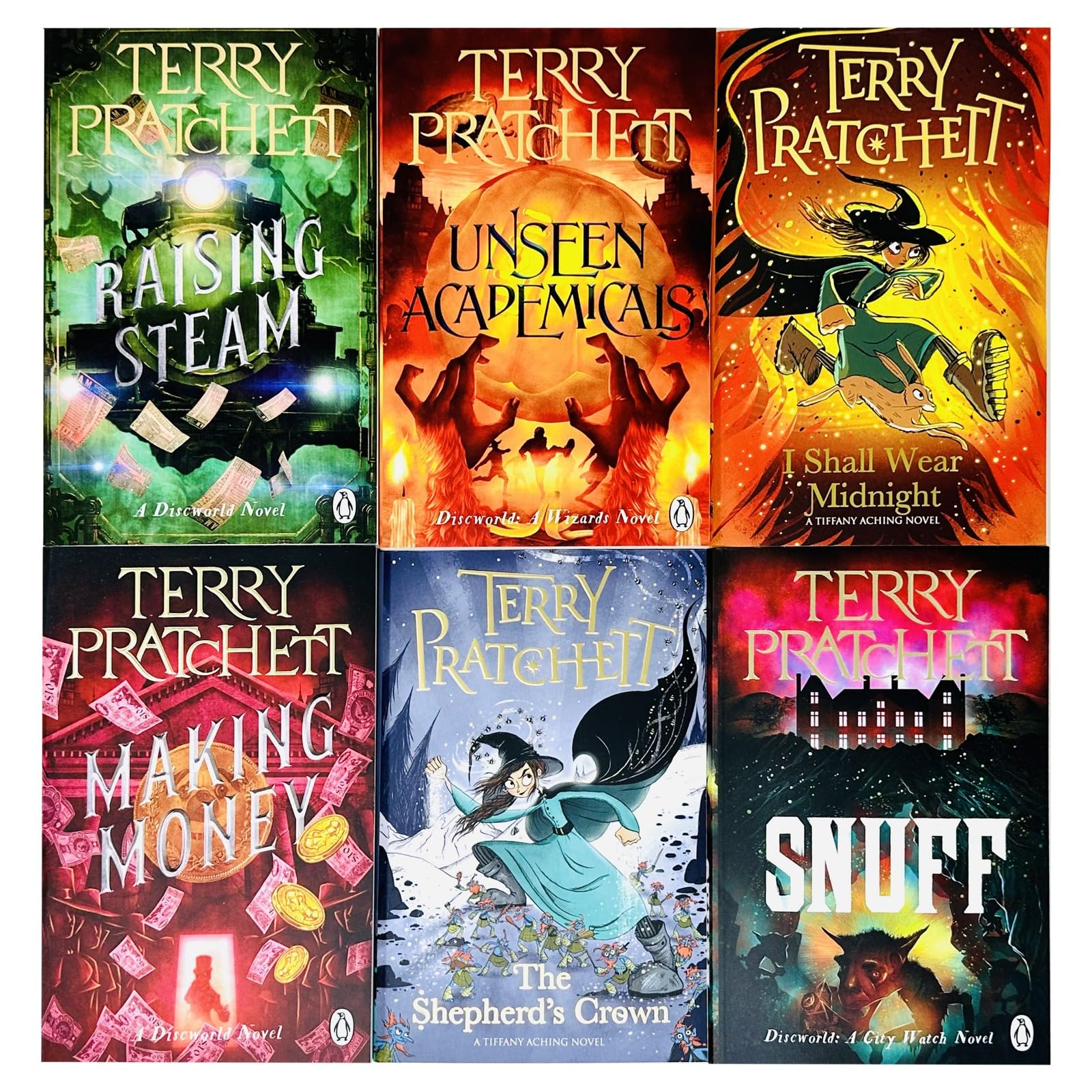 Six Discworld paperback novels by Terry Pratchett stacked to show spine titles and paperback thickness