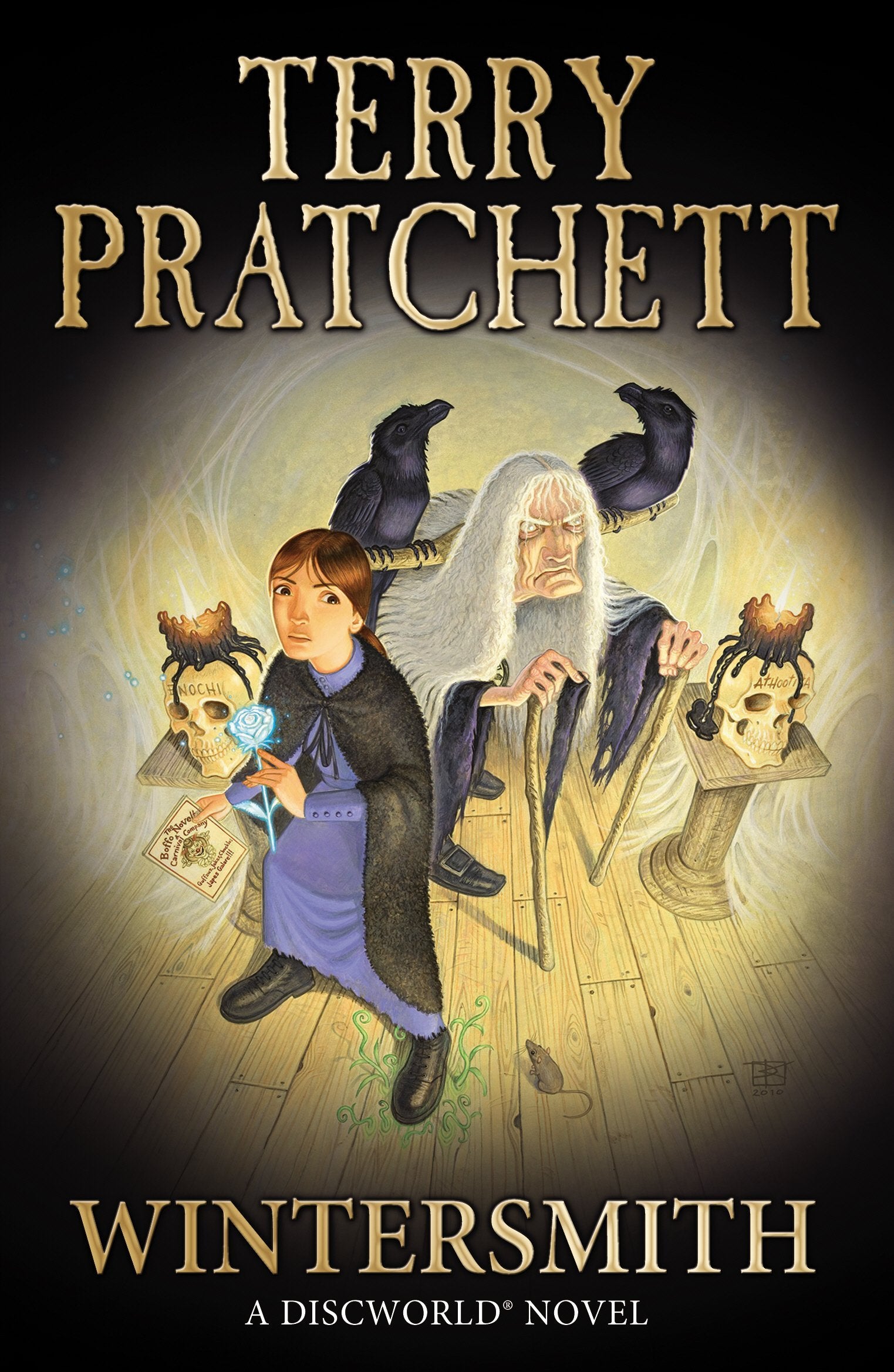 Close-up of the Discworld 5-book paperback set by Terry Pratchett arranged fanned out, highlighting Corgi paperback cover designs