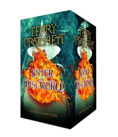 Back cover and spine detail of the Discworld Novels paperback box set by Terry Pratchett, showing book synopses and set packaging.