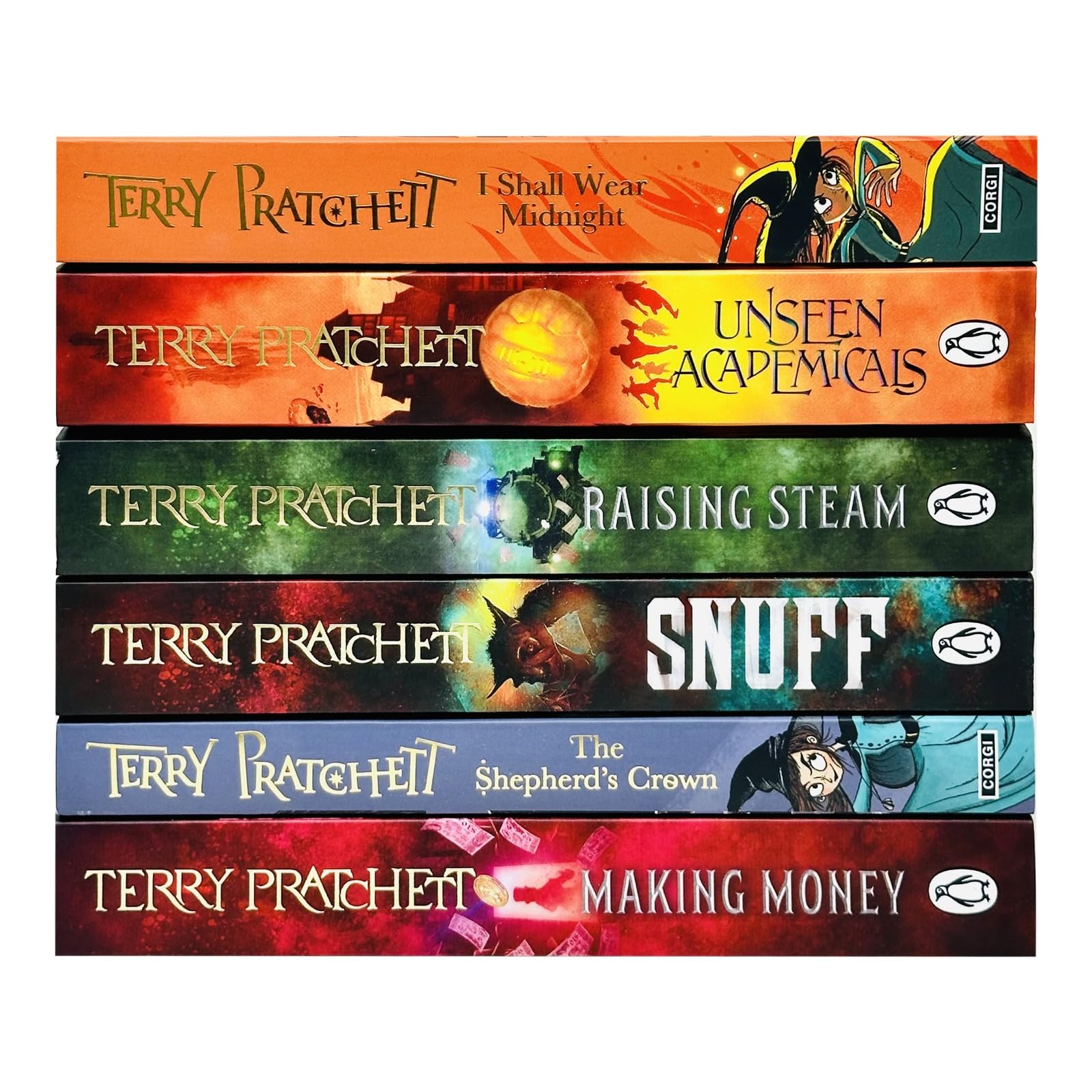 Discworld paperback novels by Terry Pratchett displayed with visible Corgi publisher branding on the covers