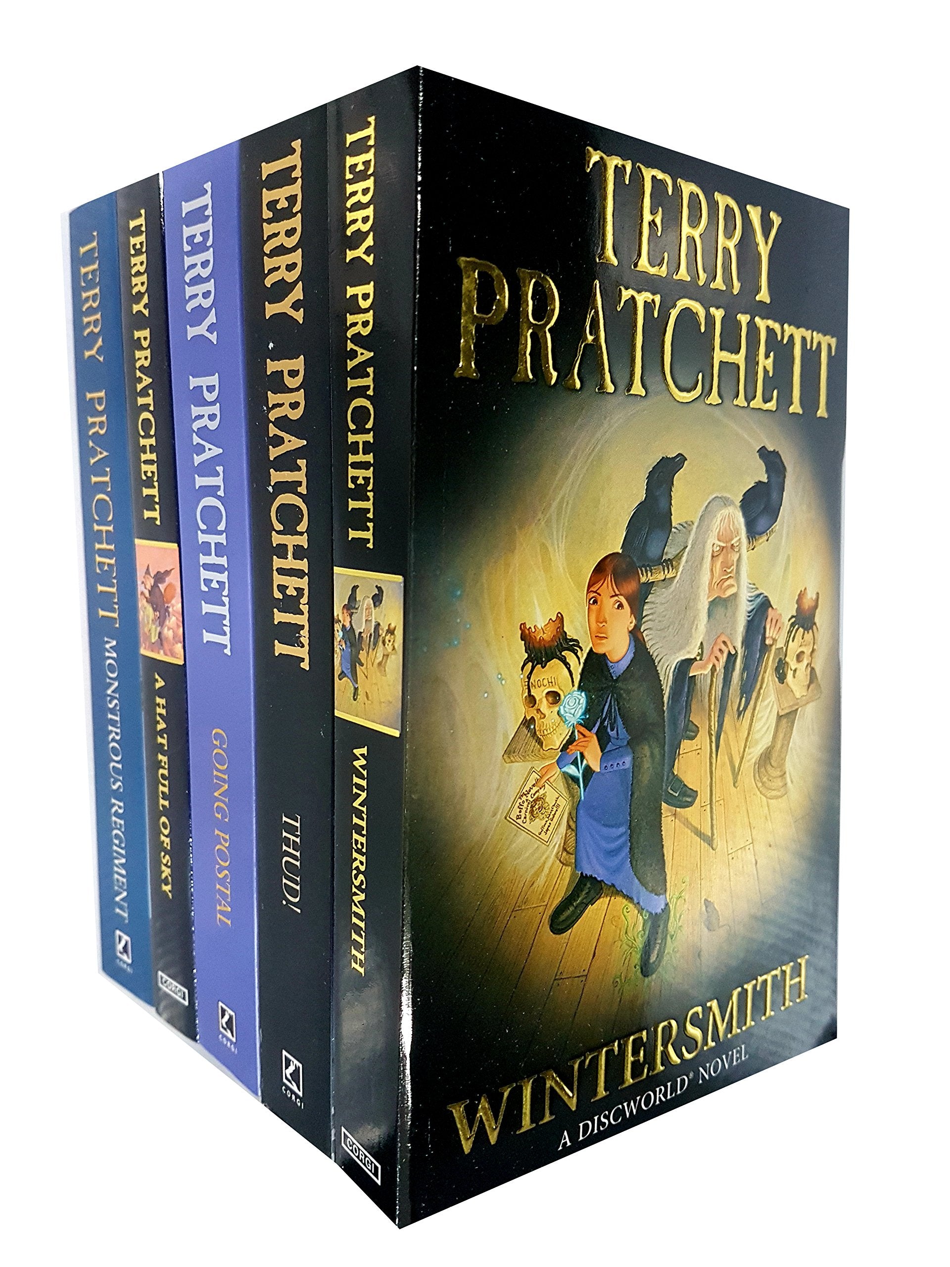 Front cover view of the Discworld Novels by Terry Pratchett 5-book paperback collection set, featuring Wintersmith, Thud!, Going Postal, A Hat Full of Sky, and Monstrous Regiment