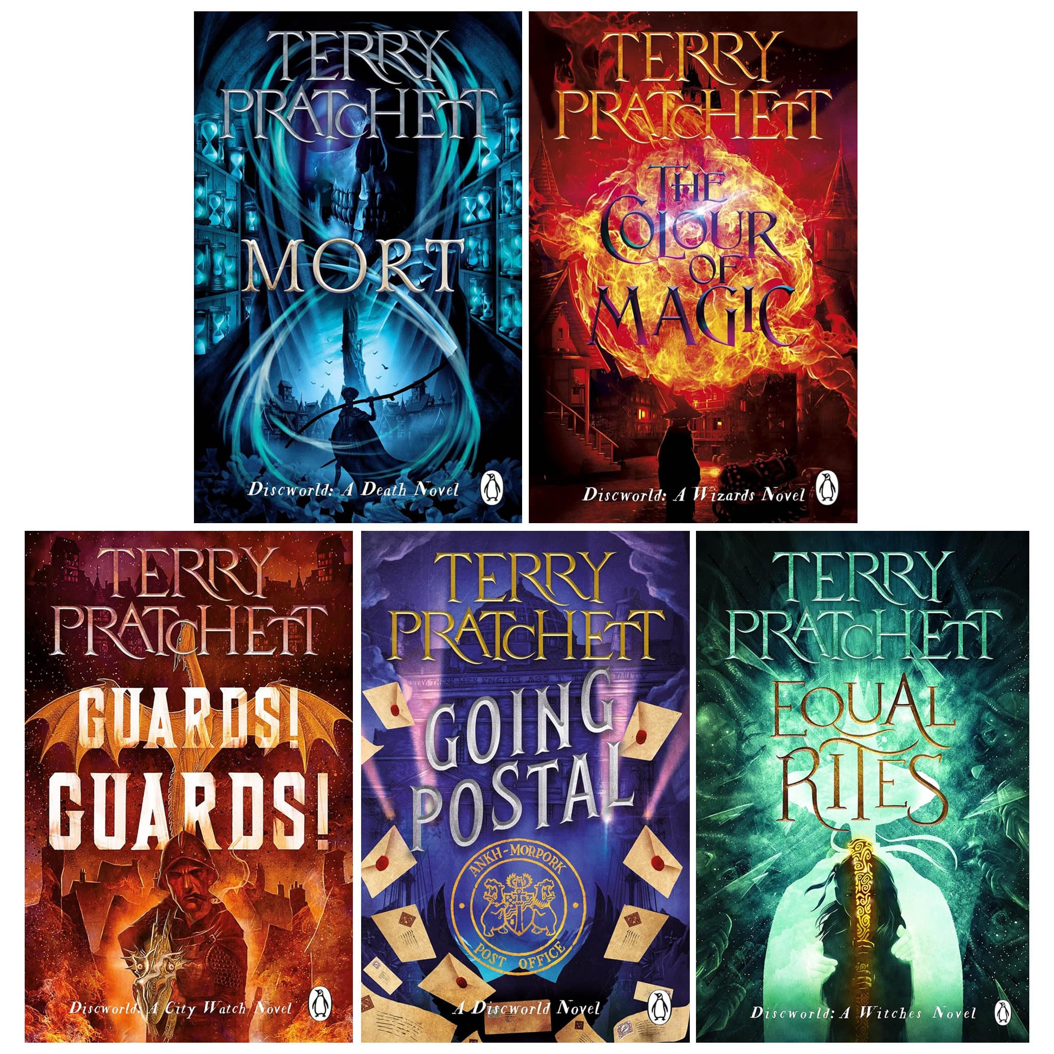 Front cover artwork for the Discworld Novels 5-book paperback box set by Terry Pratchett, featuring colorful fantasy cover designs.