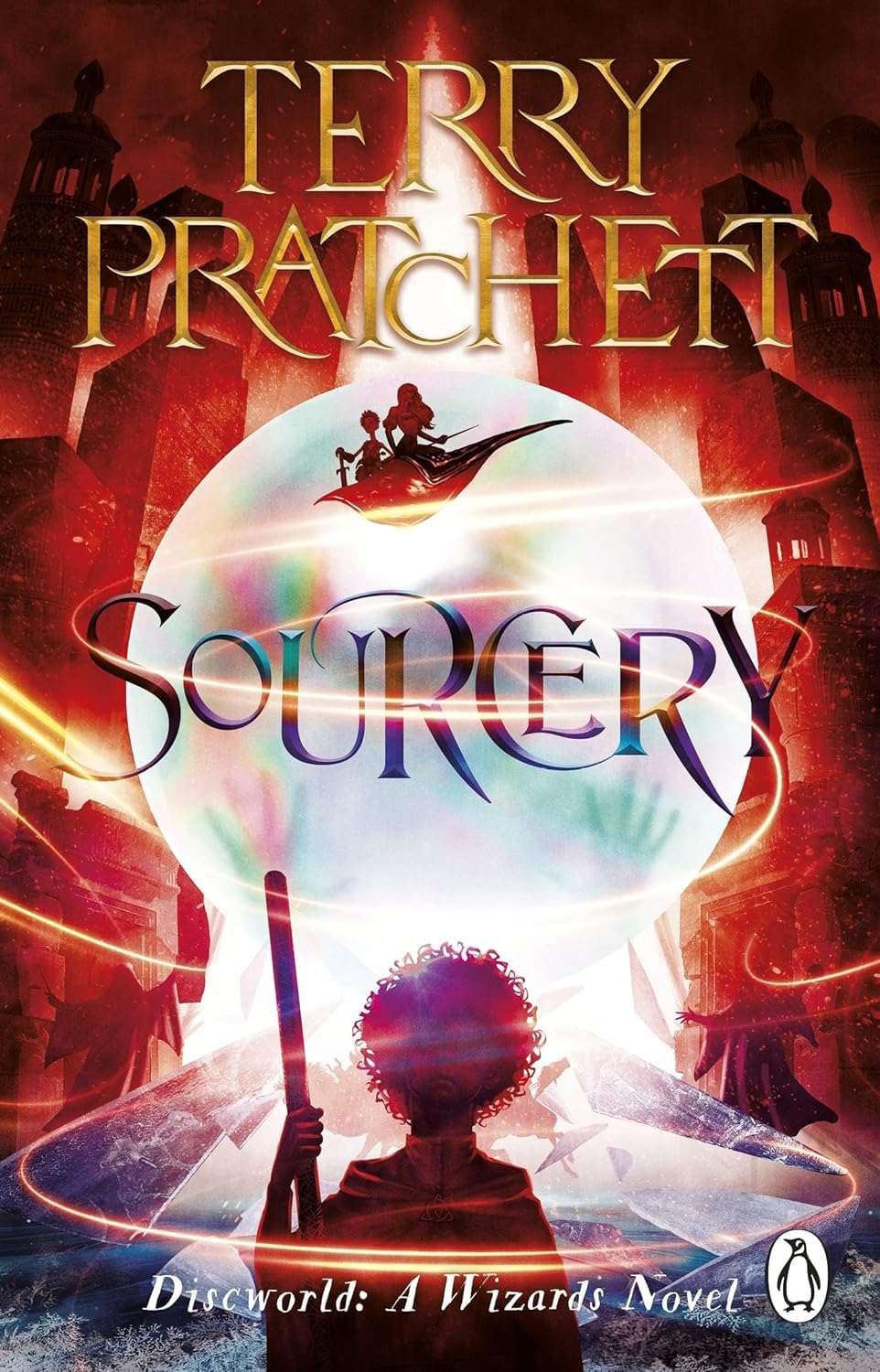 Equal Rites, Mort, and Sourcery paperback covers displayed together from the Discworld 5-book set