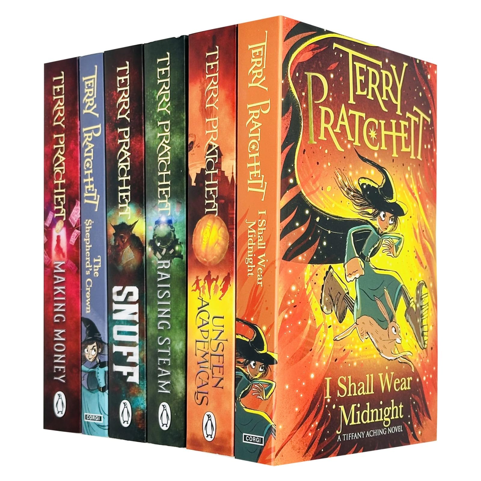 Front covers of all six Discworld paperback novels by Terry Pratchett arranged together in the collection set