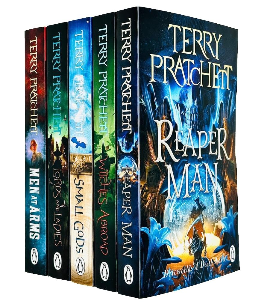 Discworld Series 3 by Terry Pratchett 5-book paperback set stacked, showing Reaper Man, Witches Abroad, Small Gods, Lords and Ladies, and Men at Arms covers.