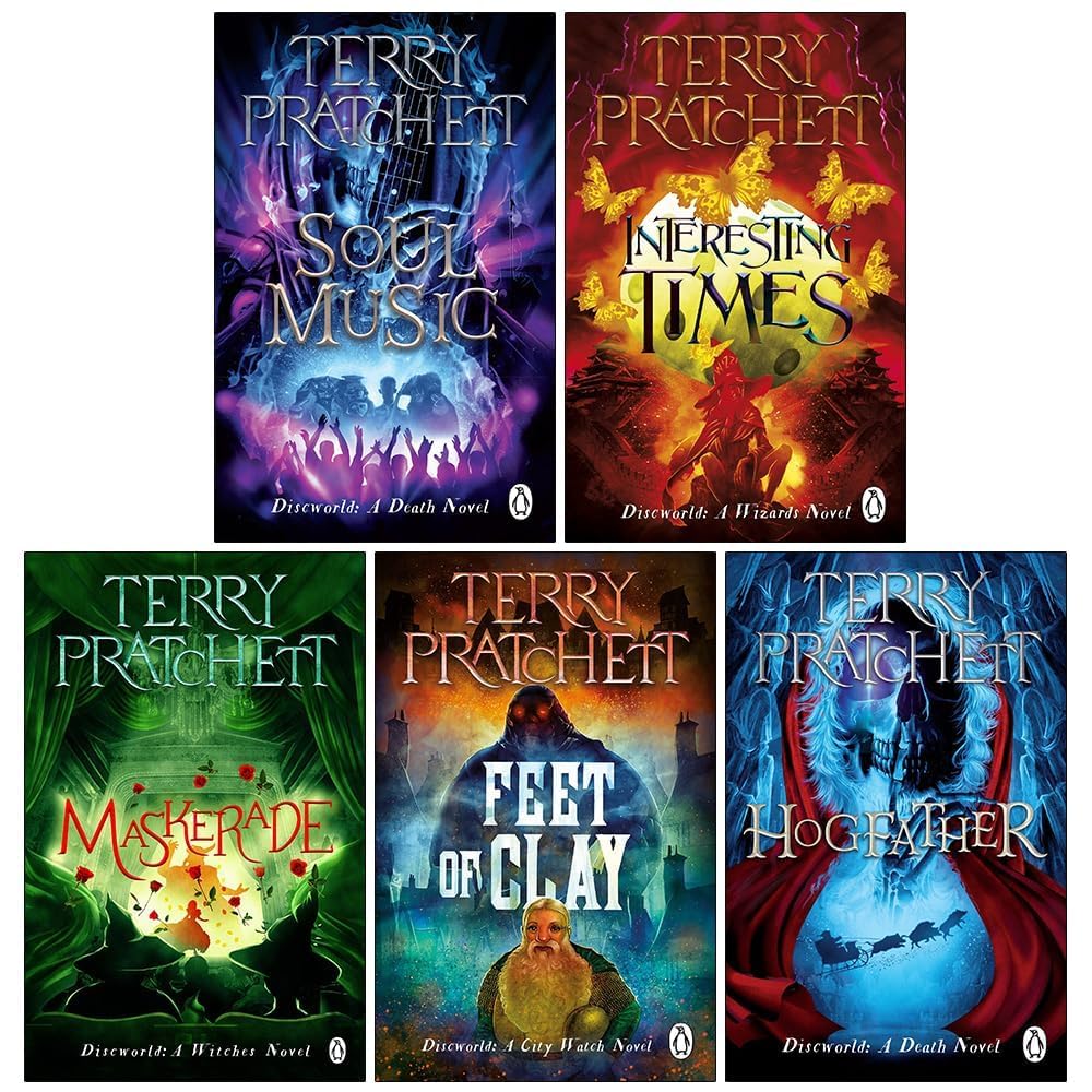 Discworld Series 5-book paperback set by Terry Pratchett fanned out showing Corgi publisher branding on covers.