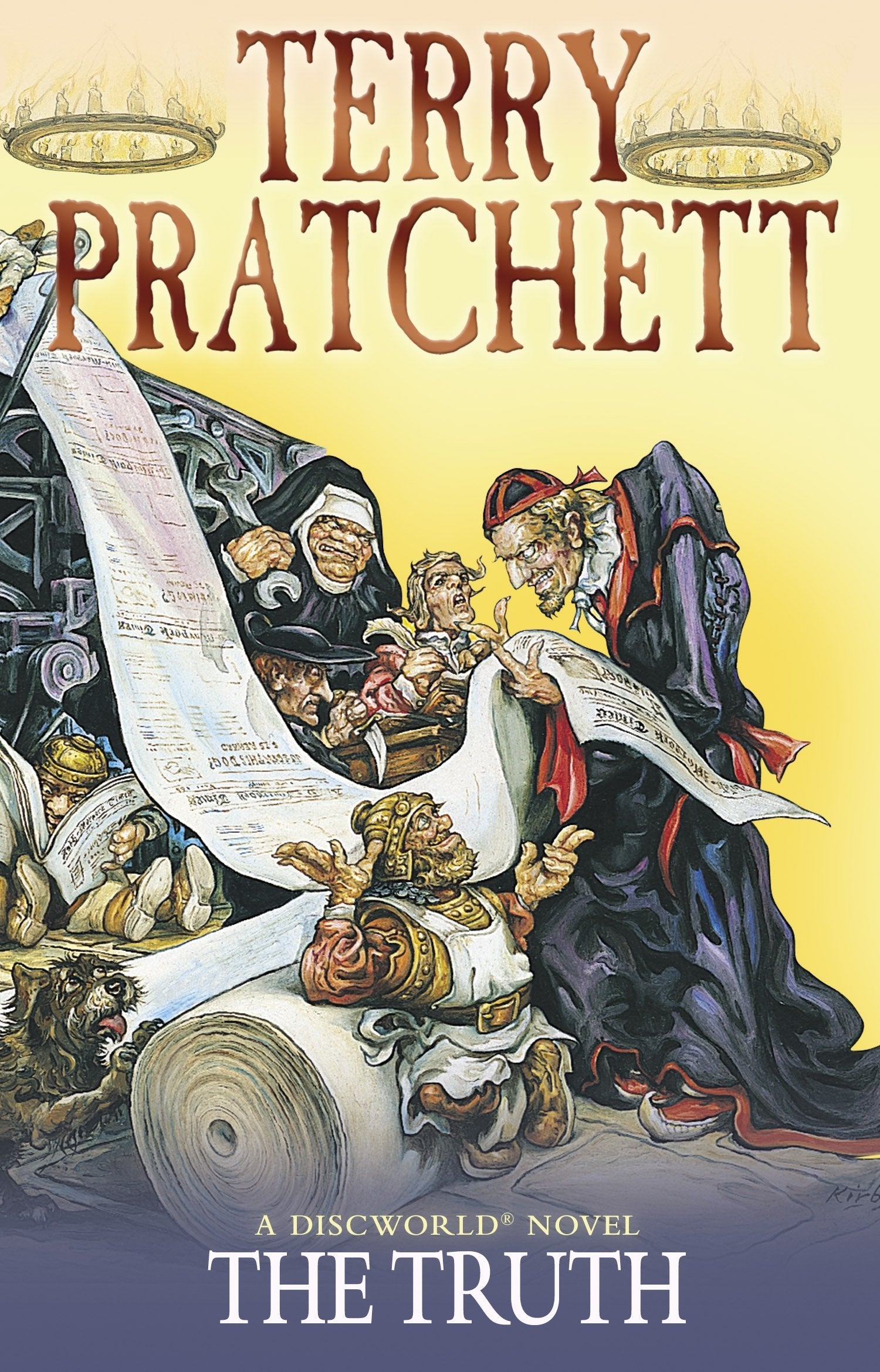 Close-up of the five Discworld paperback novels by Terry Pratchett stacked together, highlighting unique cover artwork for each title