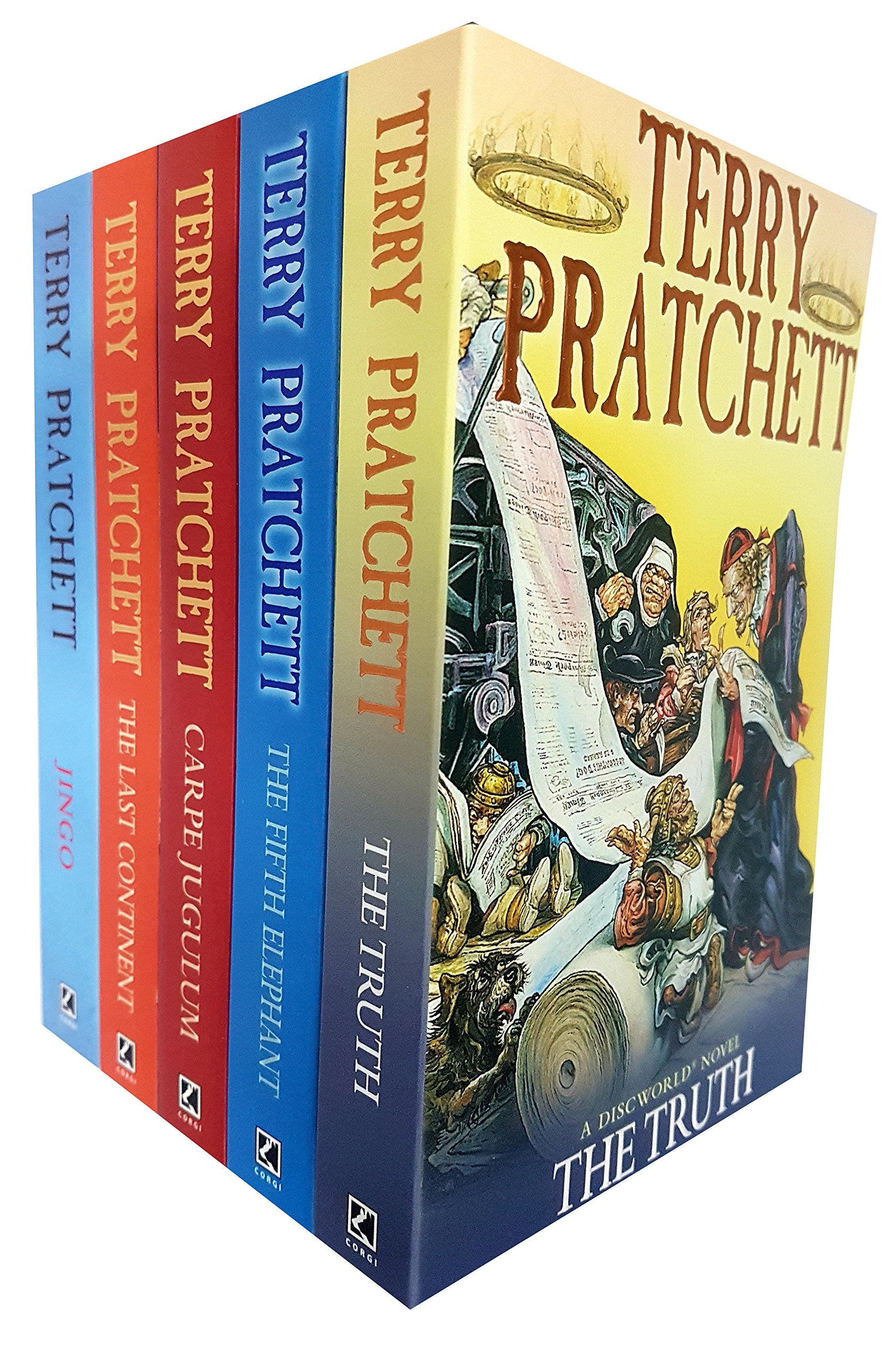 Discworld 5 books collection set by Terry Pratchett - front covers of Jingo, The Last Continent, Carpe Jugulum, The Fifth Elephant, and The Truth paperbacks