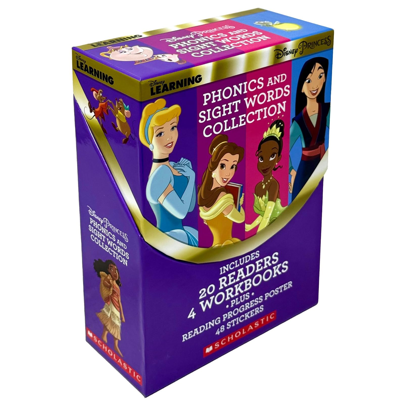All 20 Disney Princess phonics readers and 4 workbooks fanned out from the 24-piece paperback set