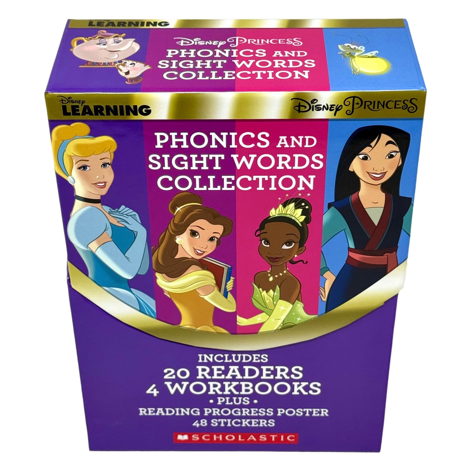 Disney Princess Phonics and Sight Words Collection 24 book set box front cover, Scholastic paperback for ages 3-7
