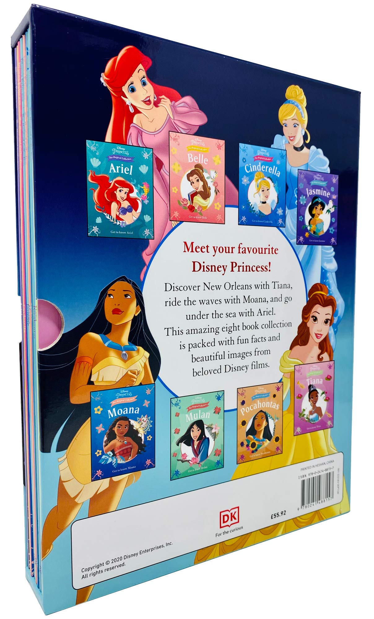 Disney Princess The Magical Collection all 8 paperback books fanned out showing Ariel, Belle, Cinderella, Jasmine, Moana, Mulan, Pocahontas and Tiana covers