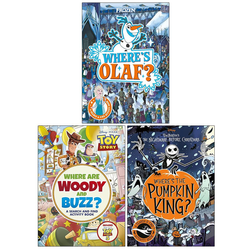 Disney Search and Find 3 Books Collection Set paperback front covers featuring Where's Olaf, Where are Woody and Buzz, and Where's the Pumpkin King