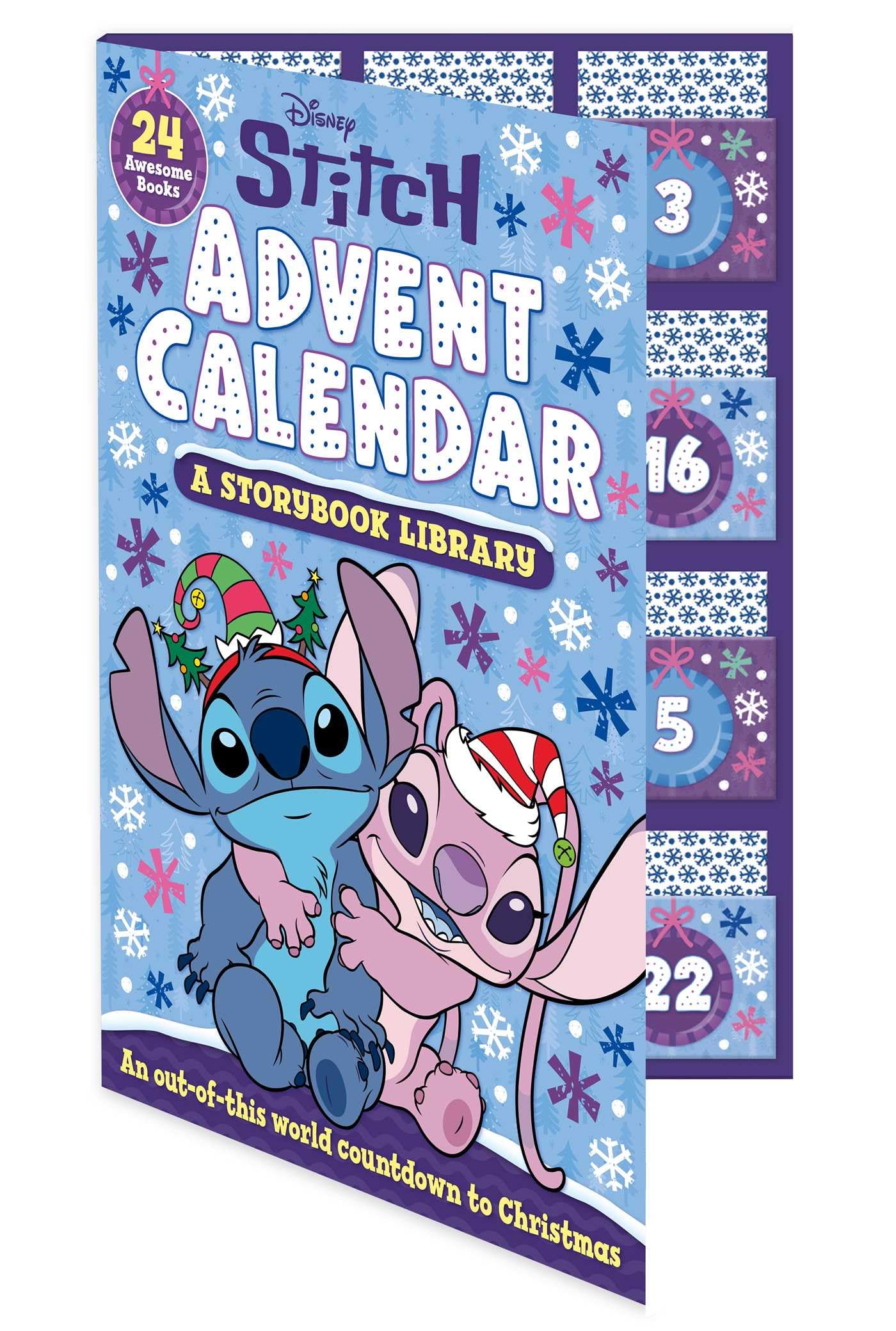 Disney Stitch Advent Calendar A Storybook Library by IglooBooks, hardback front cover showing Stitch, Angel, and Lilo with 24 numbered storybook doors