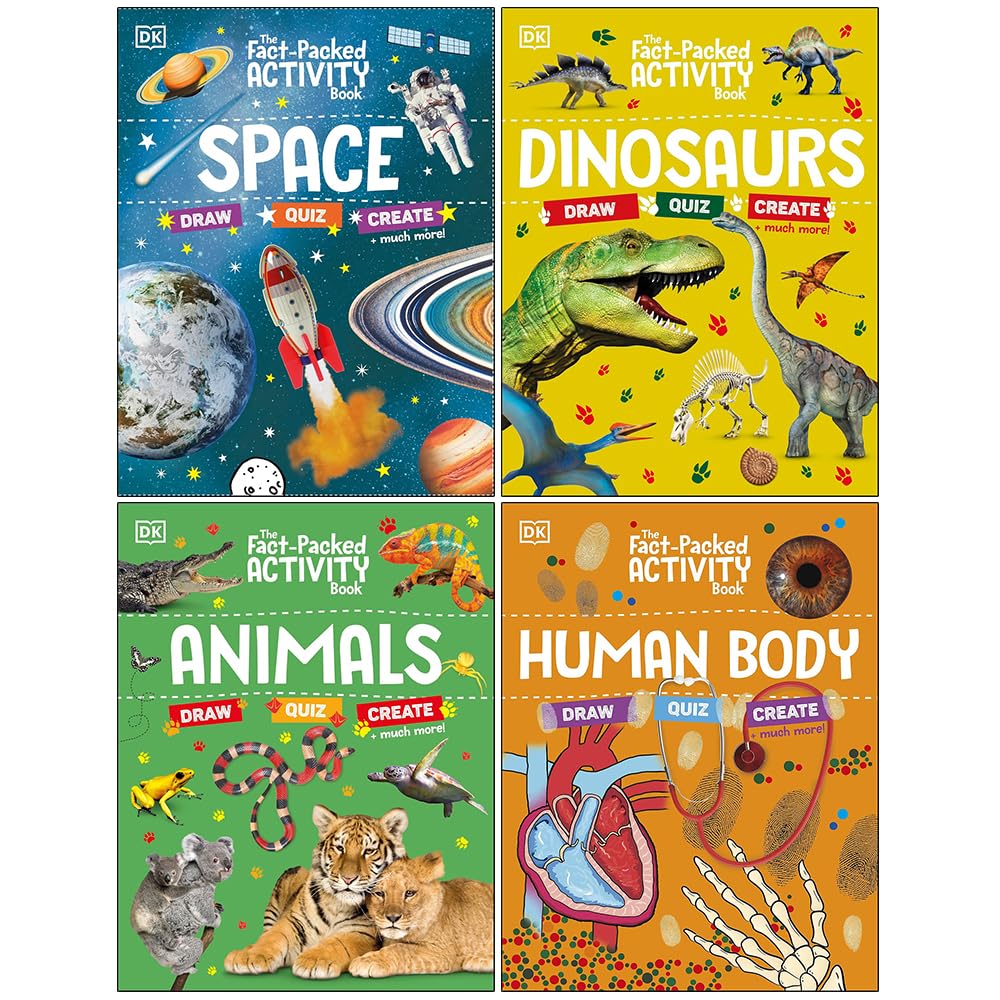 Front covers of the DK Fact-Packed Activity Book 4-book paperback collection set, featuring Space, Dinosaurs, Animals, and Human Body