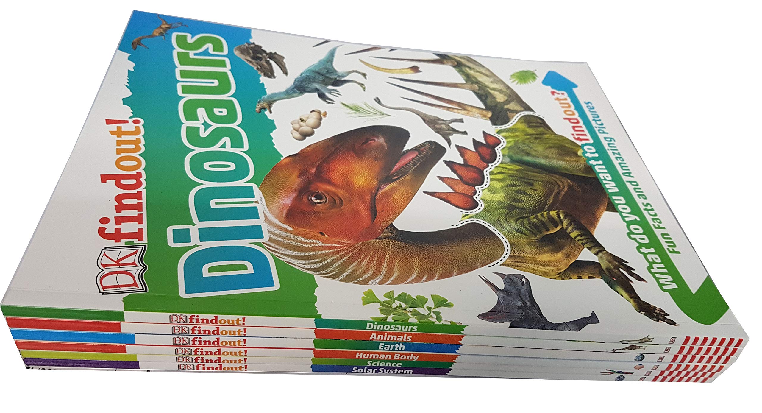 The six DK Find Out paperbacks fanned out to show their colorful spines side by side.