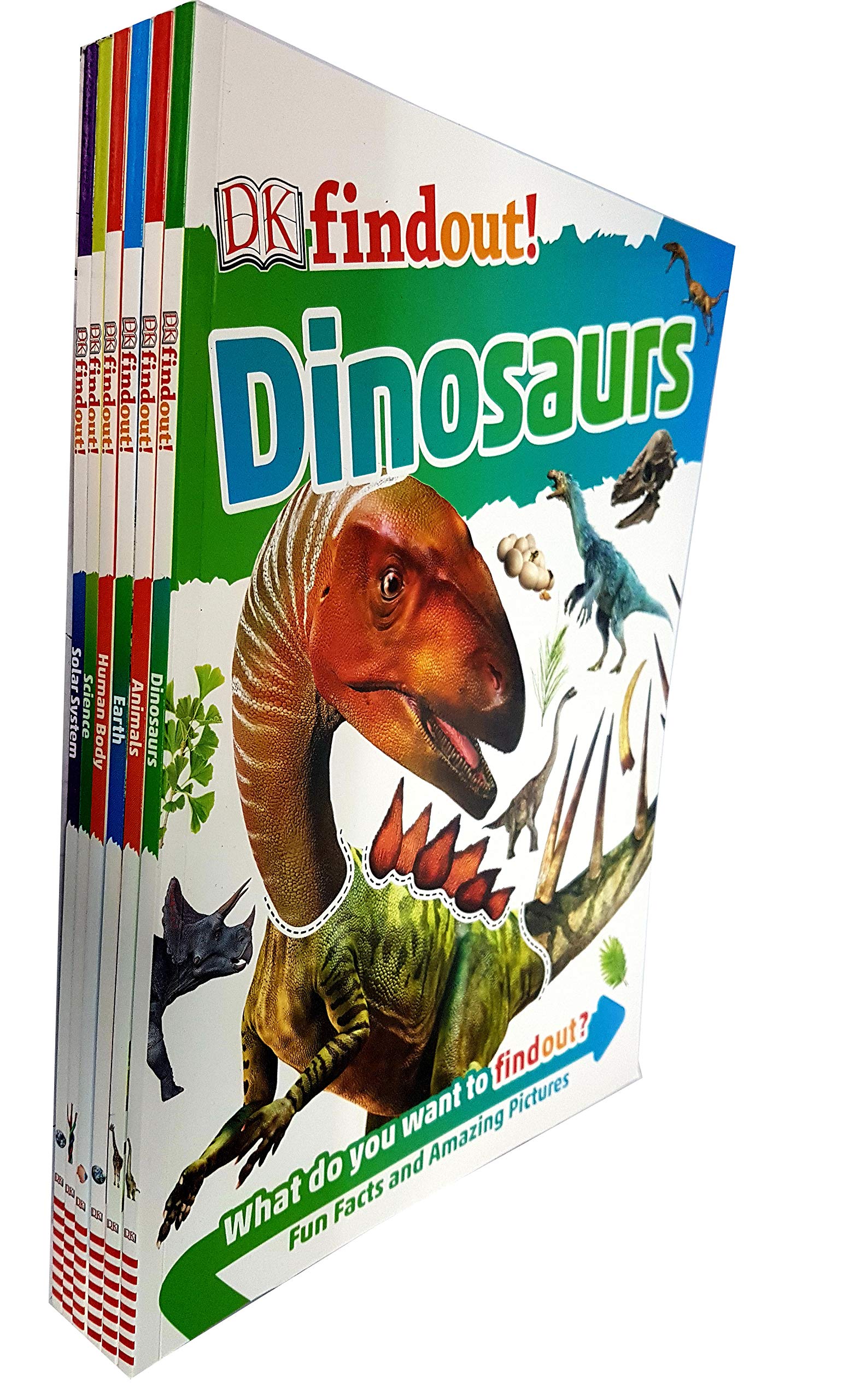Front covers of the DK Find Out 6 Books Collection Set for ages 6-9, showing Dinosaurs, Animals, Earth, Human Body, Science, and Solar System paperbacks.