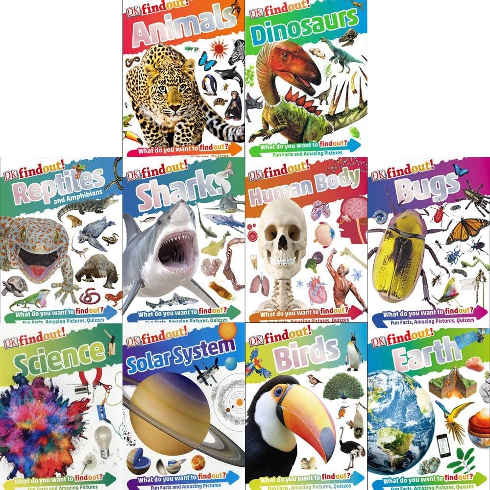 DK Findout! 10 book paperback set fanned out showing Animals, Science, Dinosaurs, Human Body, and Solar System covers