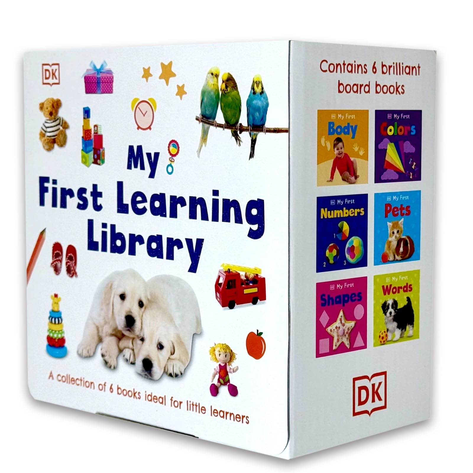 The six My First board books - Body, Colors, Numbers, Pets, Shapes and Words - fanned out together