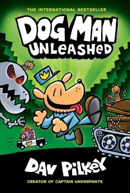 close-up of several Dog Man hardcover book covers fanned out showing Dog Man and Petey the Cat artwork
