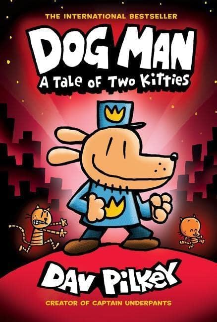 stack of Dog Man hardcover books from the collection showing spine titles including Fetch-22 and Grime and Punishment