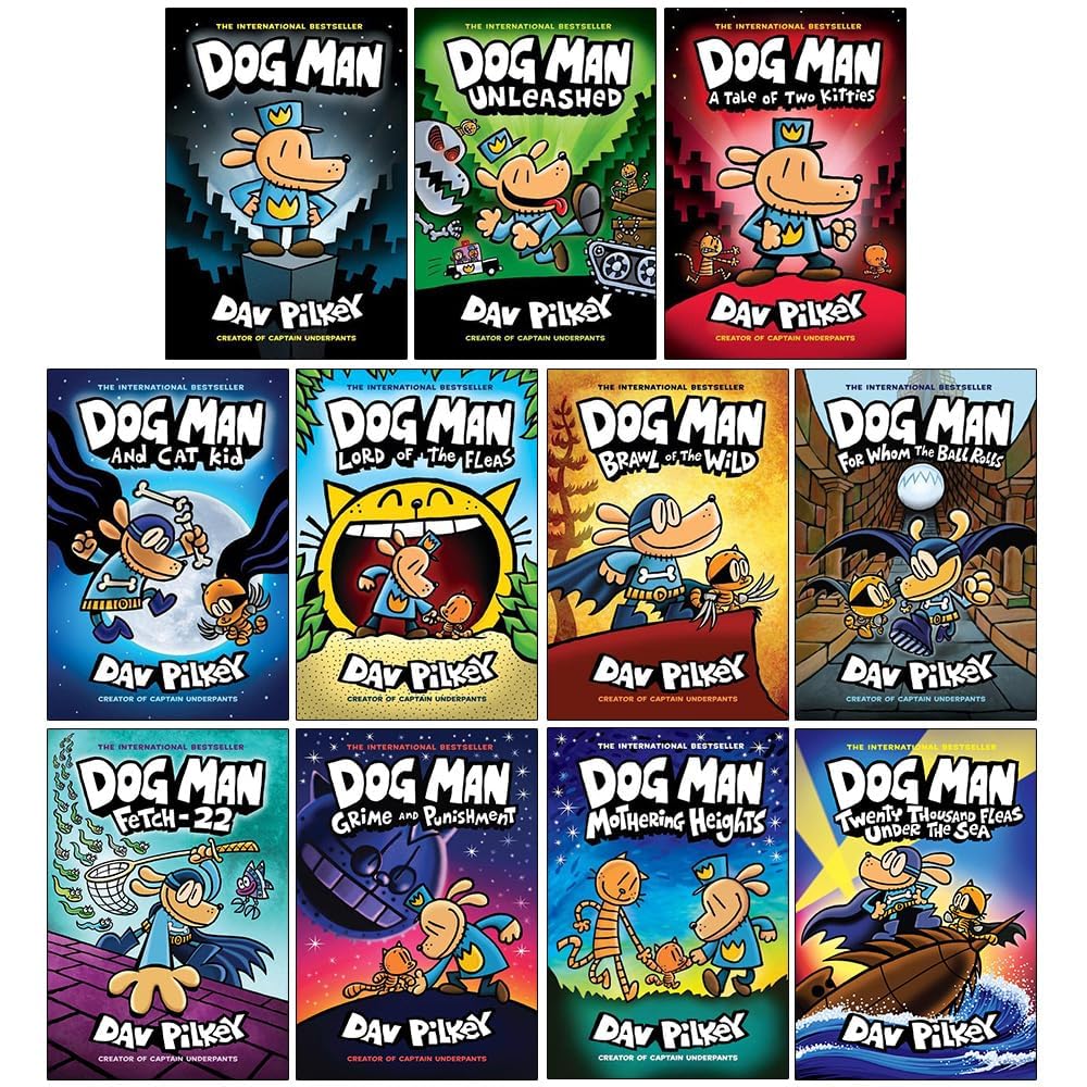 front cover of the full Dog Man 11 book box set showing the boxed hardcover collection