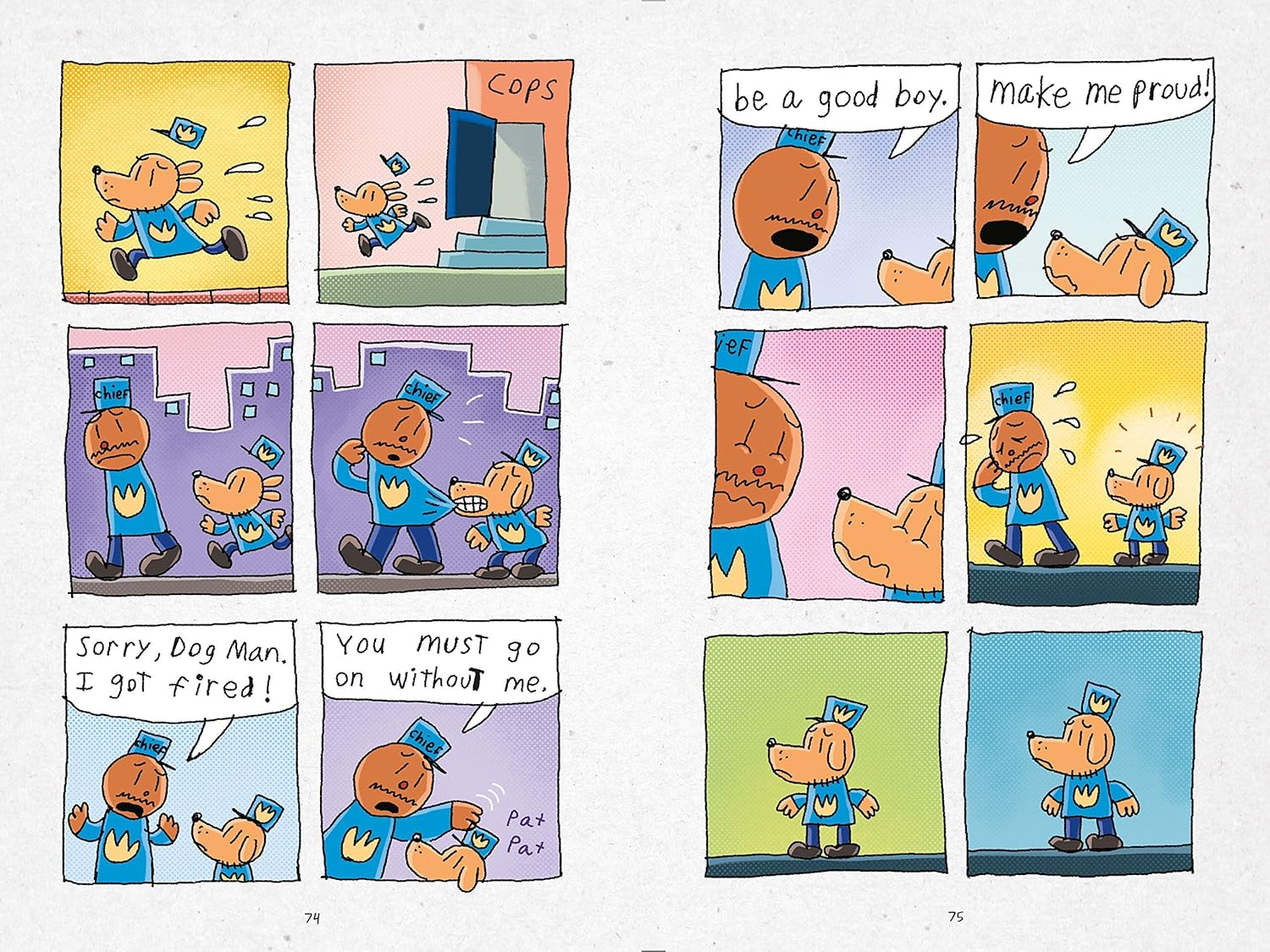 All six Dog Man hardcover graphic novels by Dav Pilkey fanned out, showing colorful spines and covers from books 1-6.