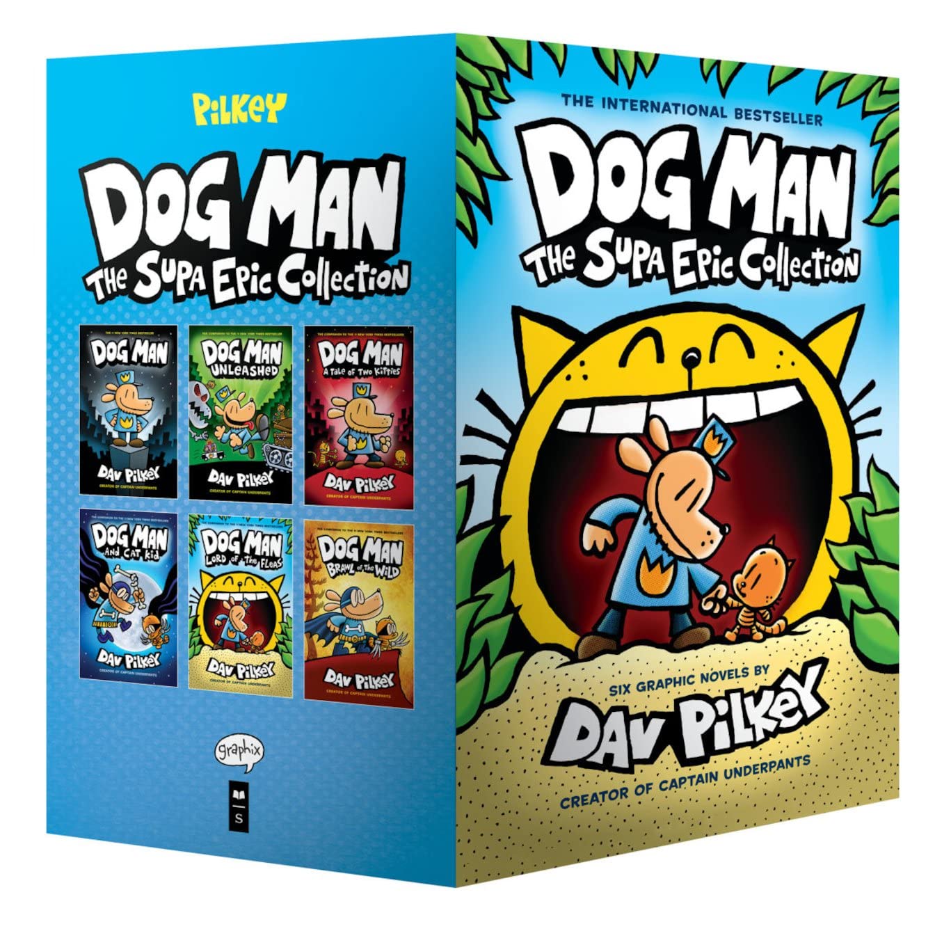 Dog Man Supa Epic Collection by Dav Pilkey, front box cover of the 6-book hardcover graphic novel set for ages 7-9.