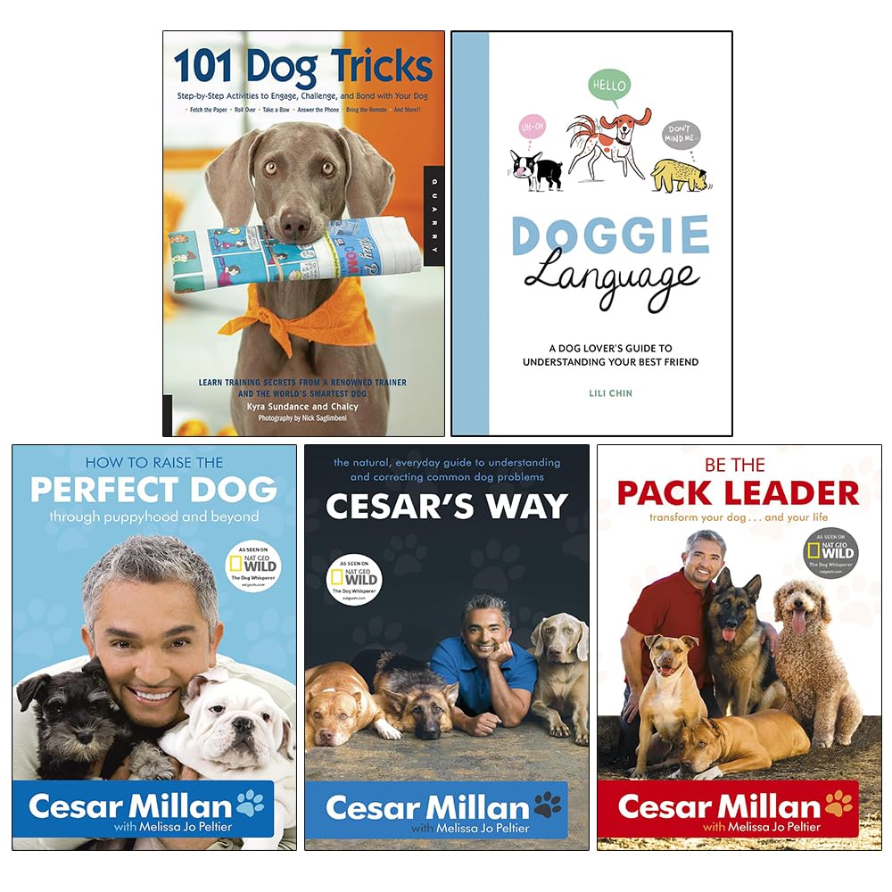 Dog Training Collection 5 Books Set paperback front covers by Kyra Sundance, Lili Chin and Cesar Millan