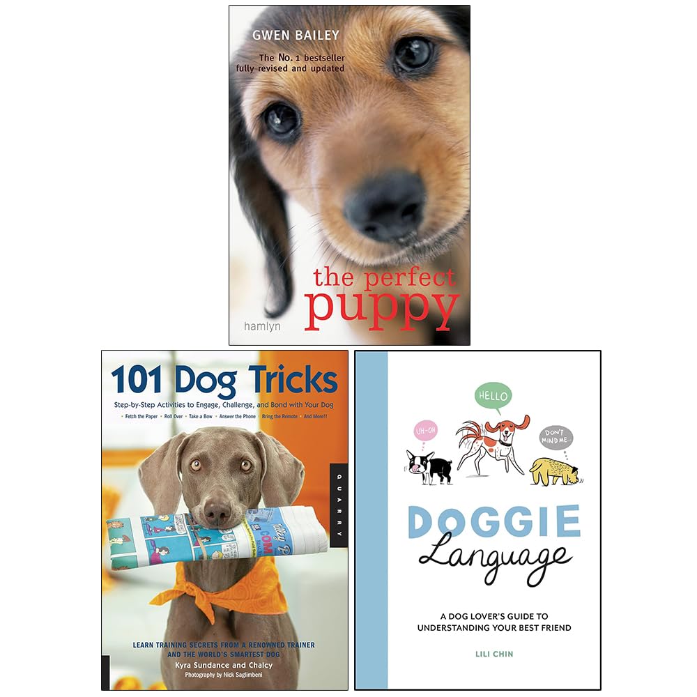 Dog Training Essentials 3 Books Collection Set paperback front covers featuring The Perfect Puppy, 101 Dog Tricks, and Doggie Language