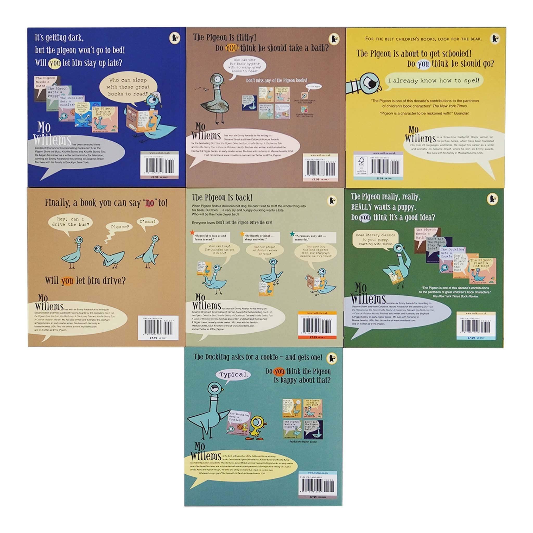 Close-up of the Don't Let the Pigeon paperback covers fanned out, highlighting Mo Willems' bold cartoon illustrations.
